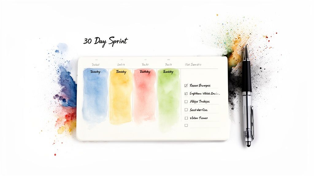 A 30 Day Sprint planner with watercolor-washed days, a to-do list, and a pen.