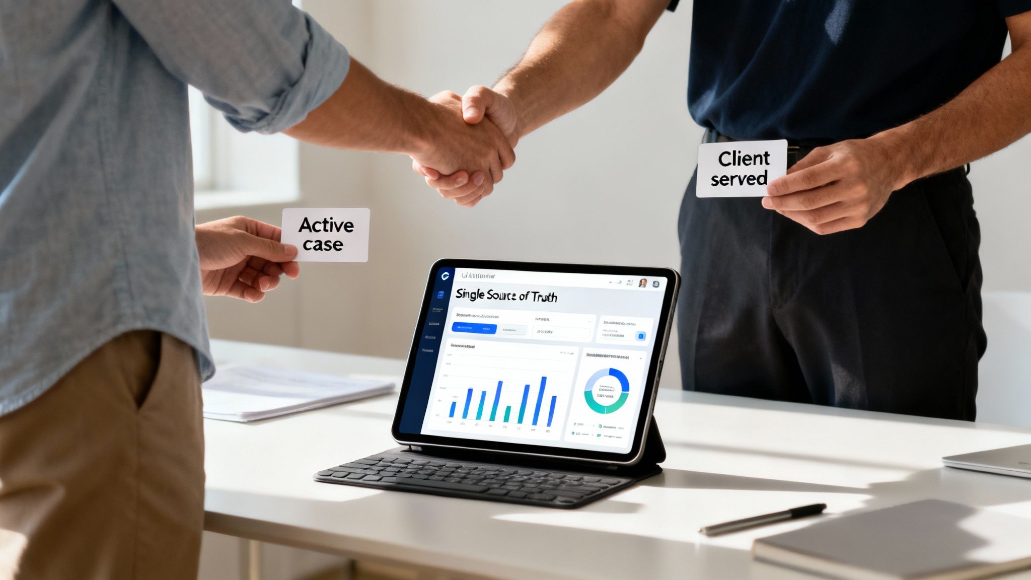 Two men shake hands over a table with a tablet displaying a dashboard, holding 'Active case' and 'Client served' cards.