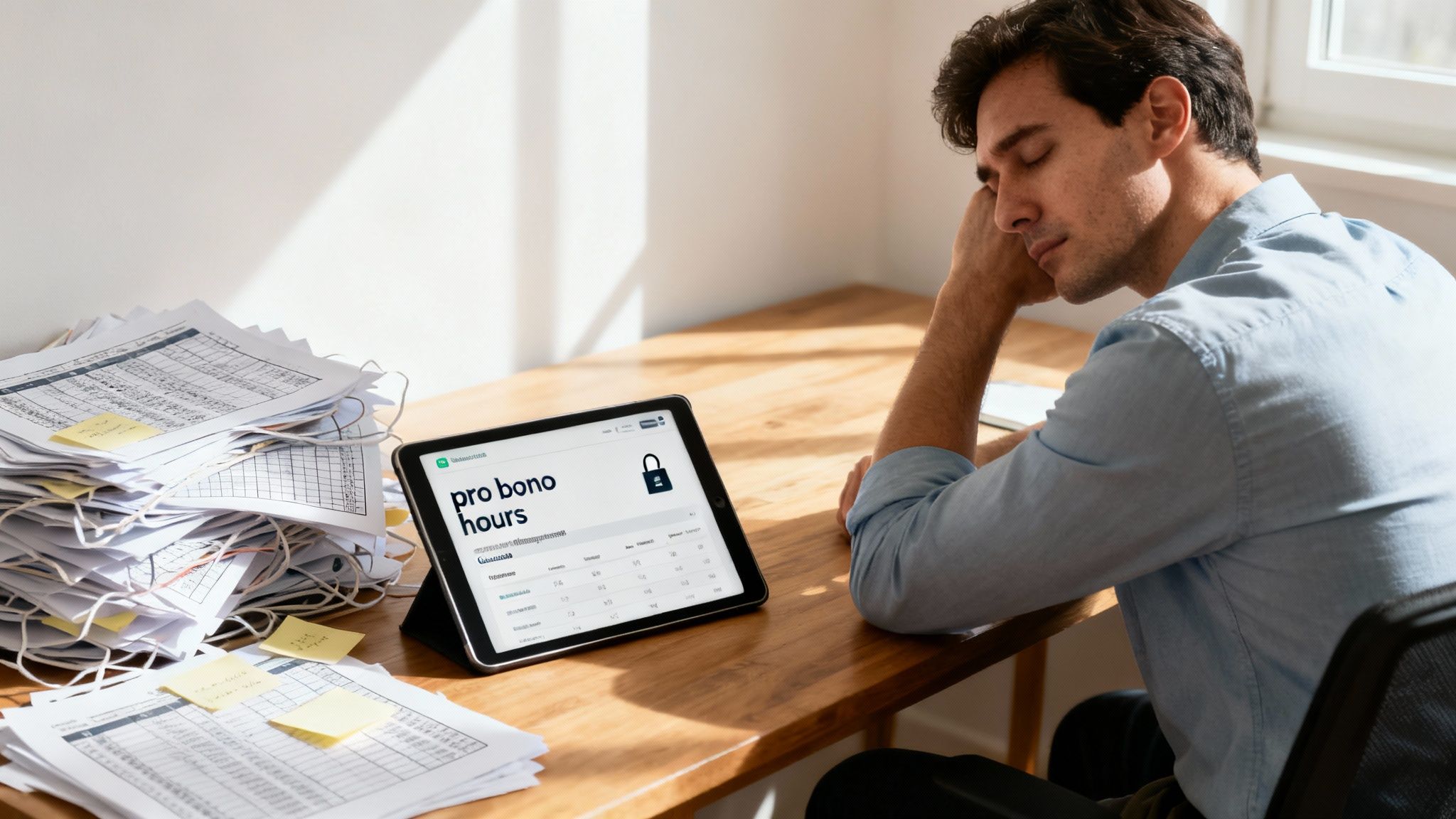 Exhausted man sleeping at a desk, surrounded by paper files, next to a tablet showing "pro bono hours".