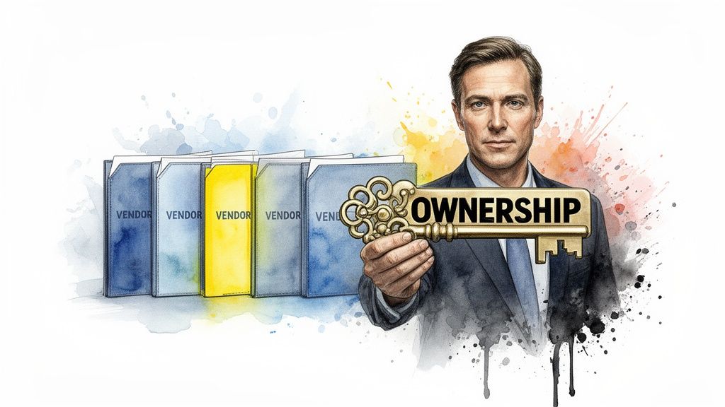 A man in a suit holds a golden key labeled "OWNERSHIP" with vendor folders behind him.