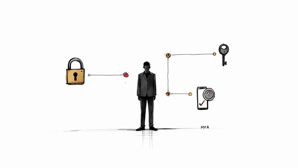 Illustration of a man standing between a padlock, a key, and a smartphone representing MFA security which is a key part of an IT security assessment checklist