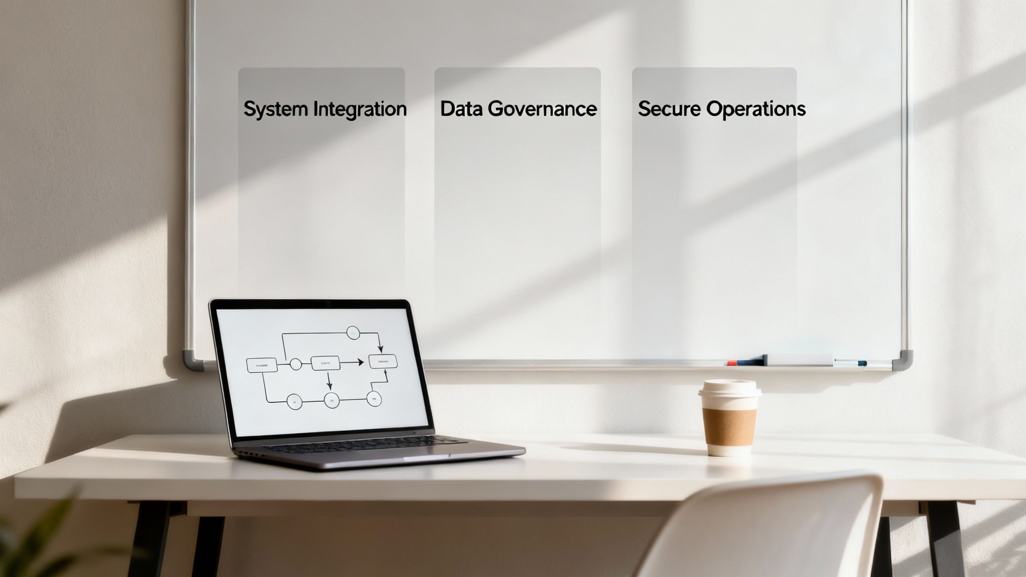 Whiteboard displaying "System Integration," "Data Governance," "Secure Operations," with a laptop and coffee cup on a desk.