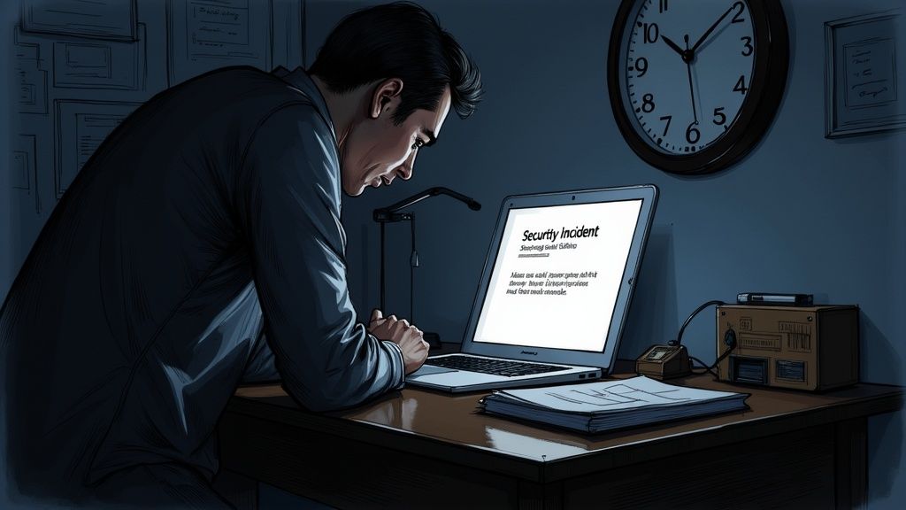 A man works late at night, intently viewing a laptop screen displaying a 'Security Incident' message.