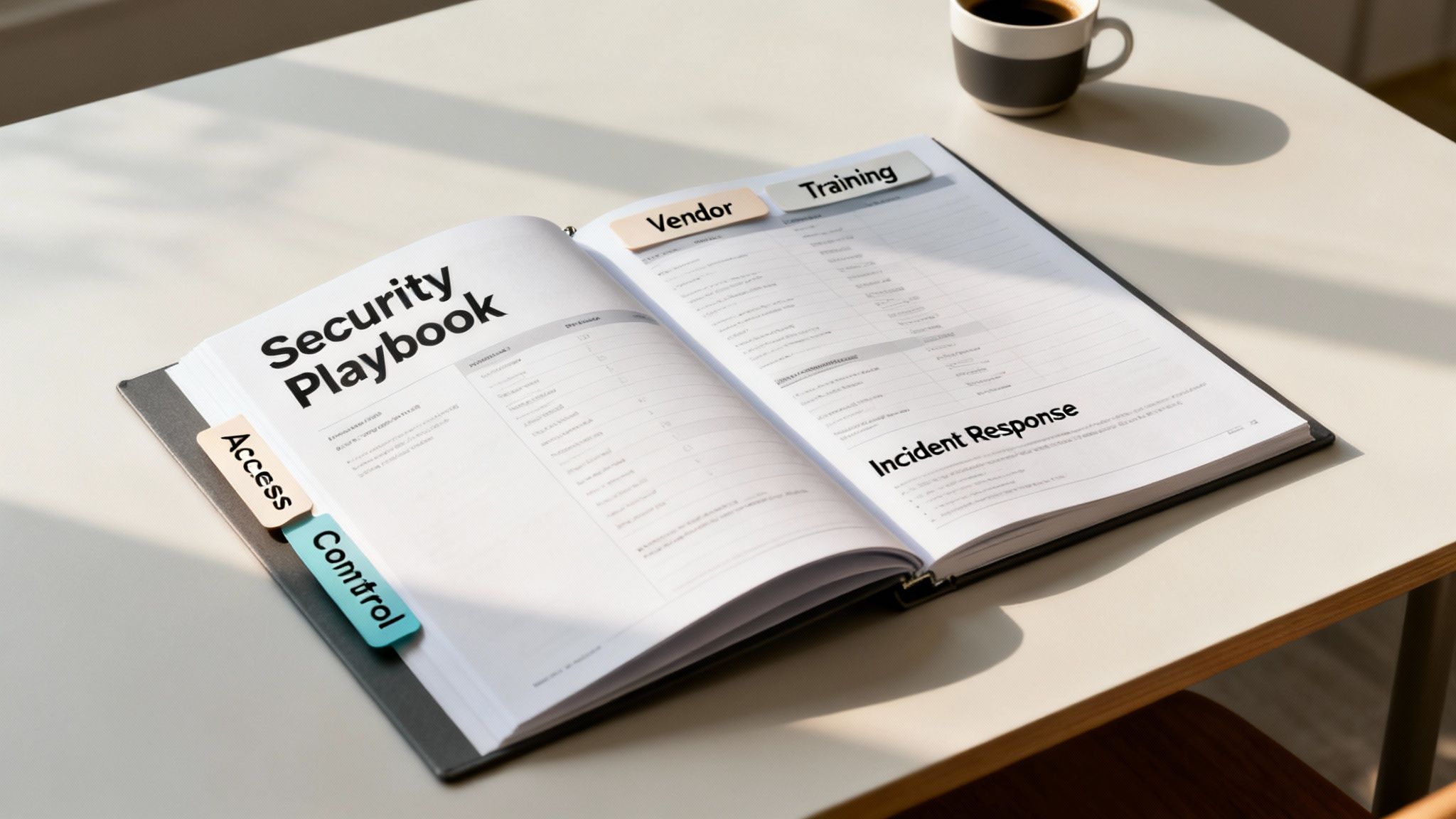 Open 'Security Playbook' on a desk with tabs for Access, Control, Vendor, and Training, next to a coffee cup.
