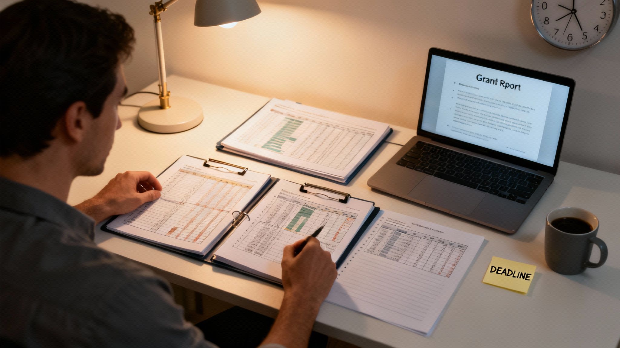 A person works diligently at a desk, reviewing documents and a laptop showing a grant report.