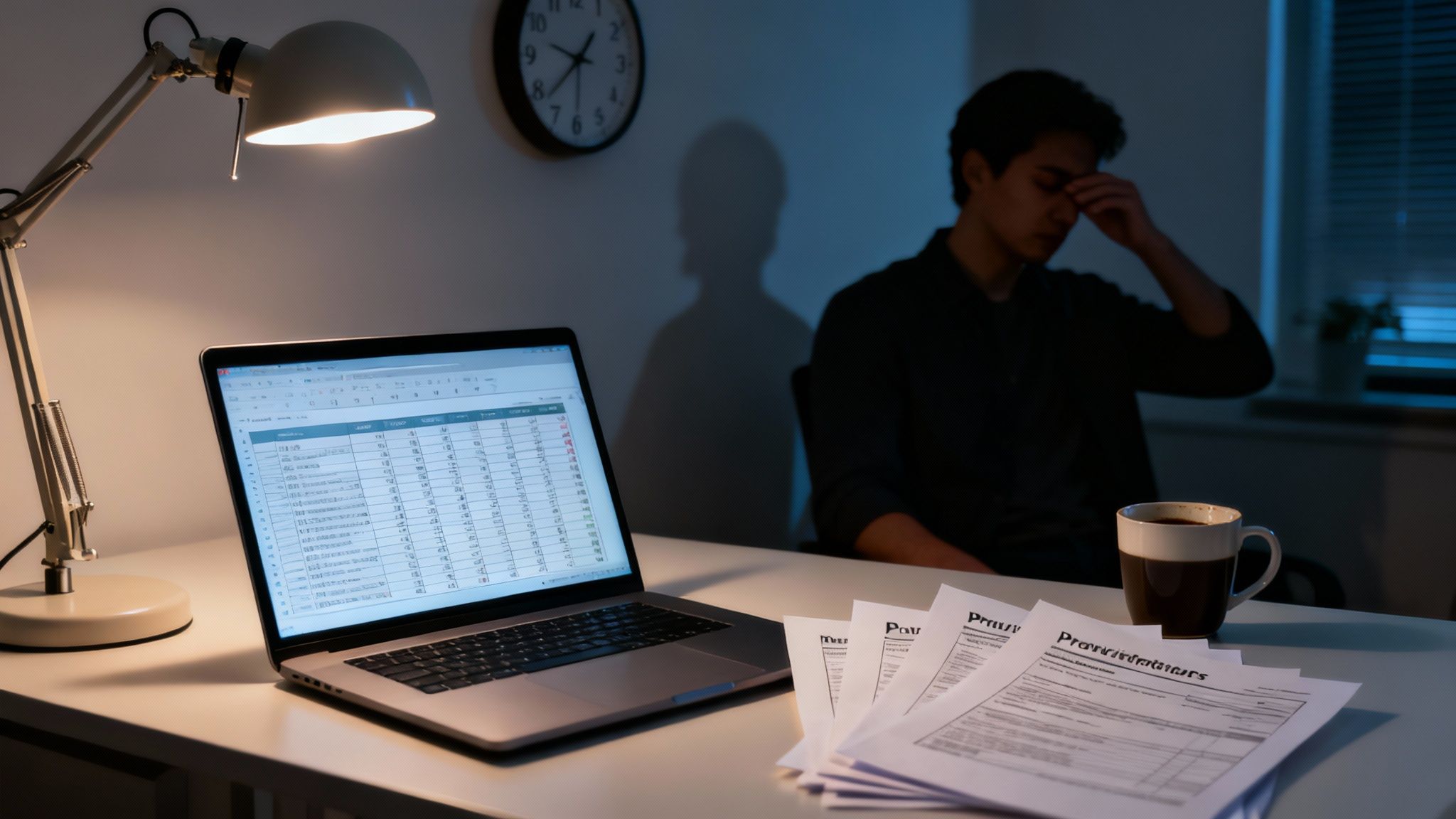 A stressed man works late at night in a dimly lit office with a laptop, documents, and coffee.