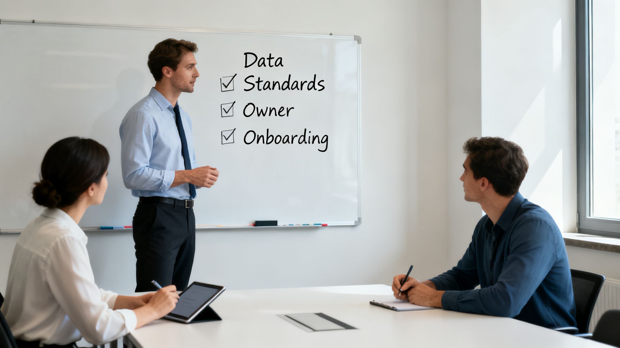 Three business people in a meeting, one presenting a data checklist on a whiteboard to two colleagues.