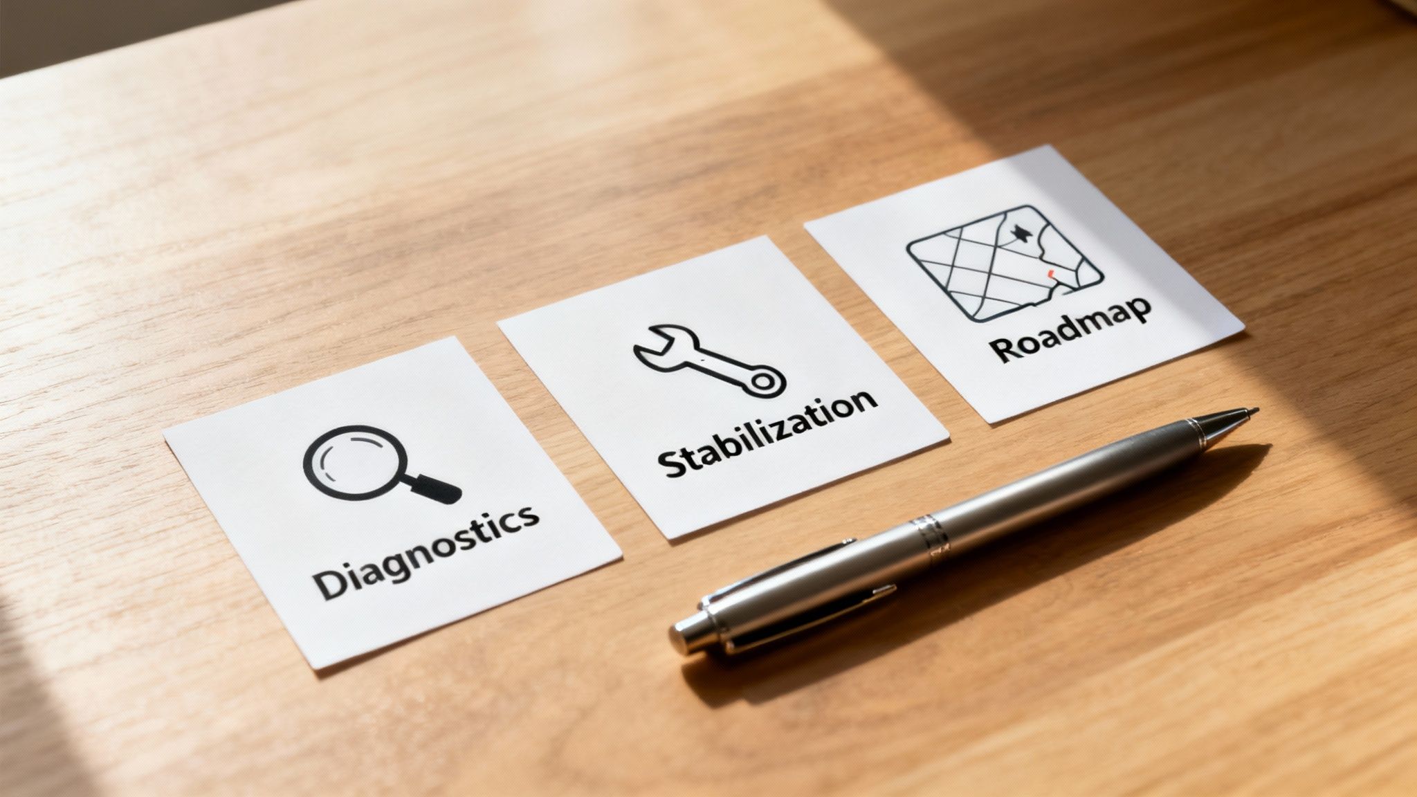 Three cards displaying 'Diagnostics', 'Stabilization', 'Roadmap' with icons, and a pen on wood.