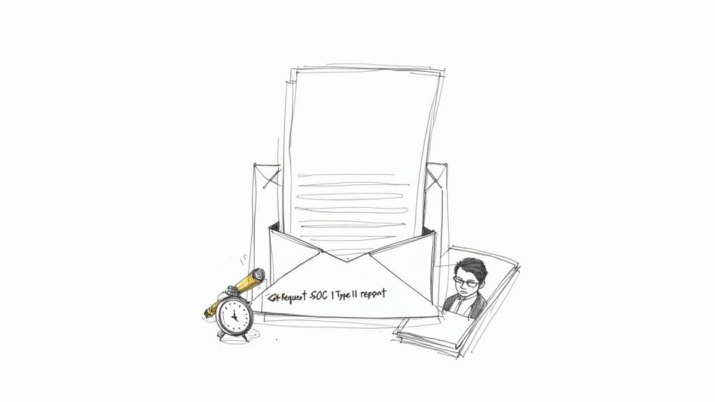 Sketch illustrating a document request for a SOC I Type II report, with a businessperson, clock, and pen.