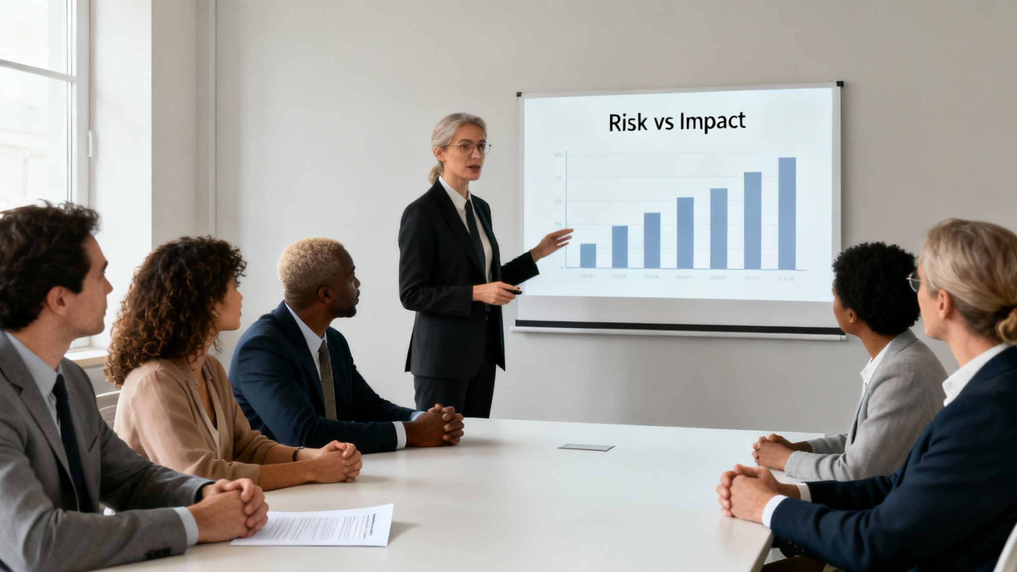 A businesswoman presents a 'Risk vs Impact' bar chart to a diverse group of attentive colleagues in a modern meeting room.