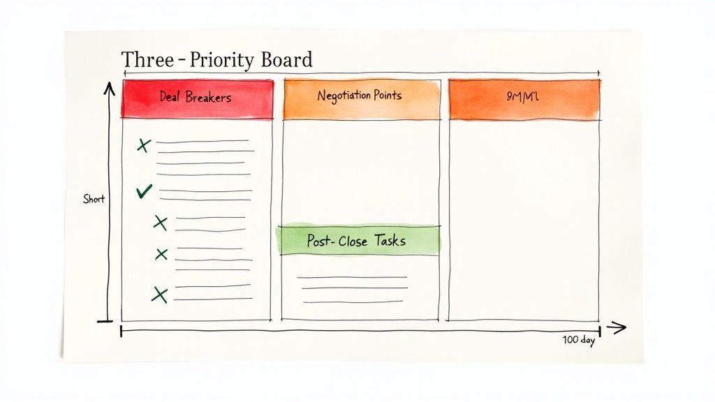 A hand-drawn Three-Priority Board visualizes deal breakers, negotiation points, and post-close tasks for project management.