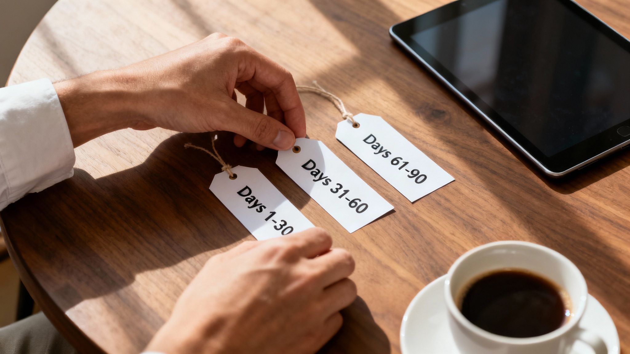 Hands arranging three tags labeled 'Days 1-30', 'Days 31-60', 'Days 61-90' on a wooden table with a tablet and coffee.