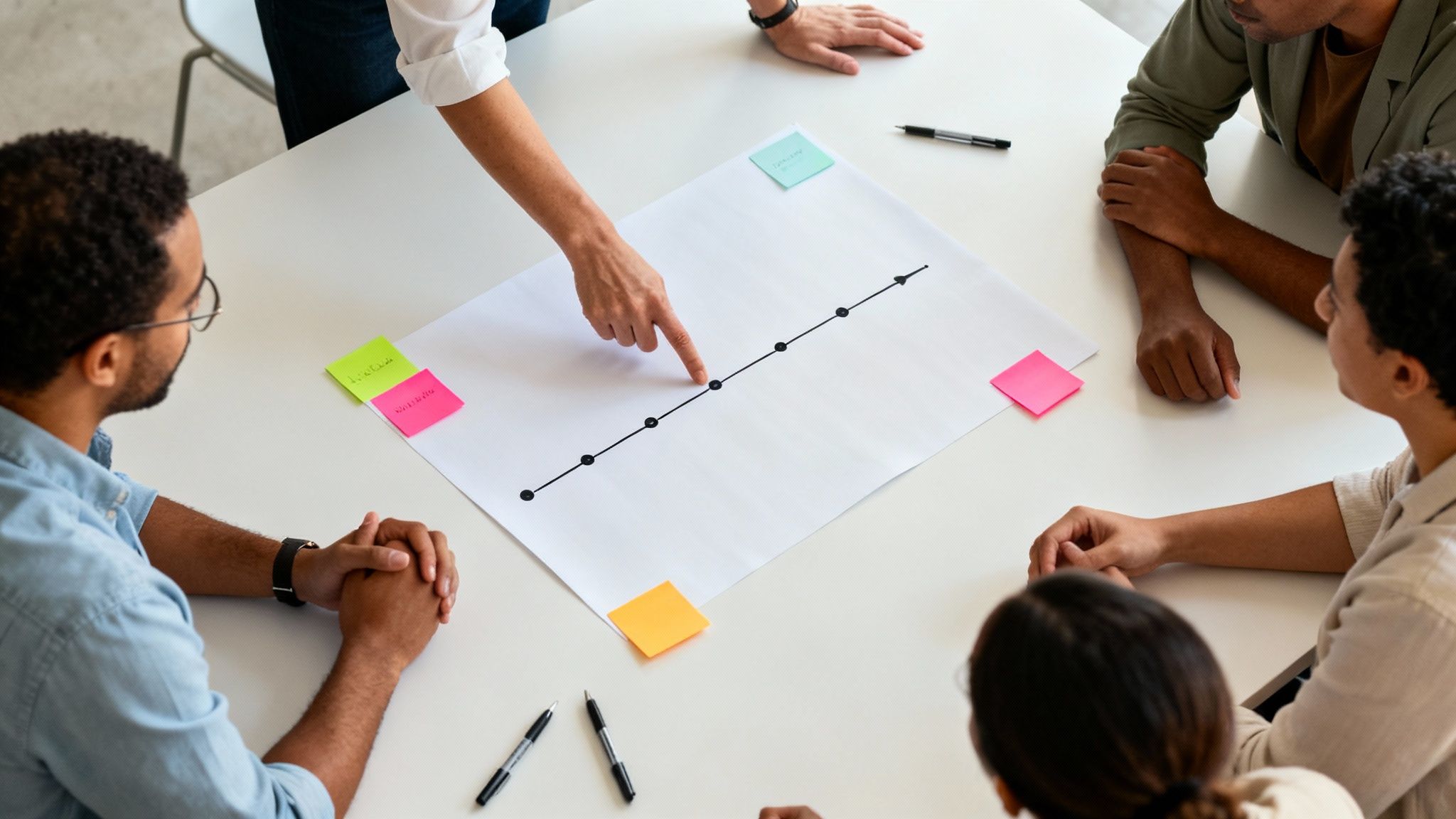 Diverse team collaborates on a timeline chart with sticky notes during a strategy meeting.