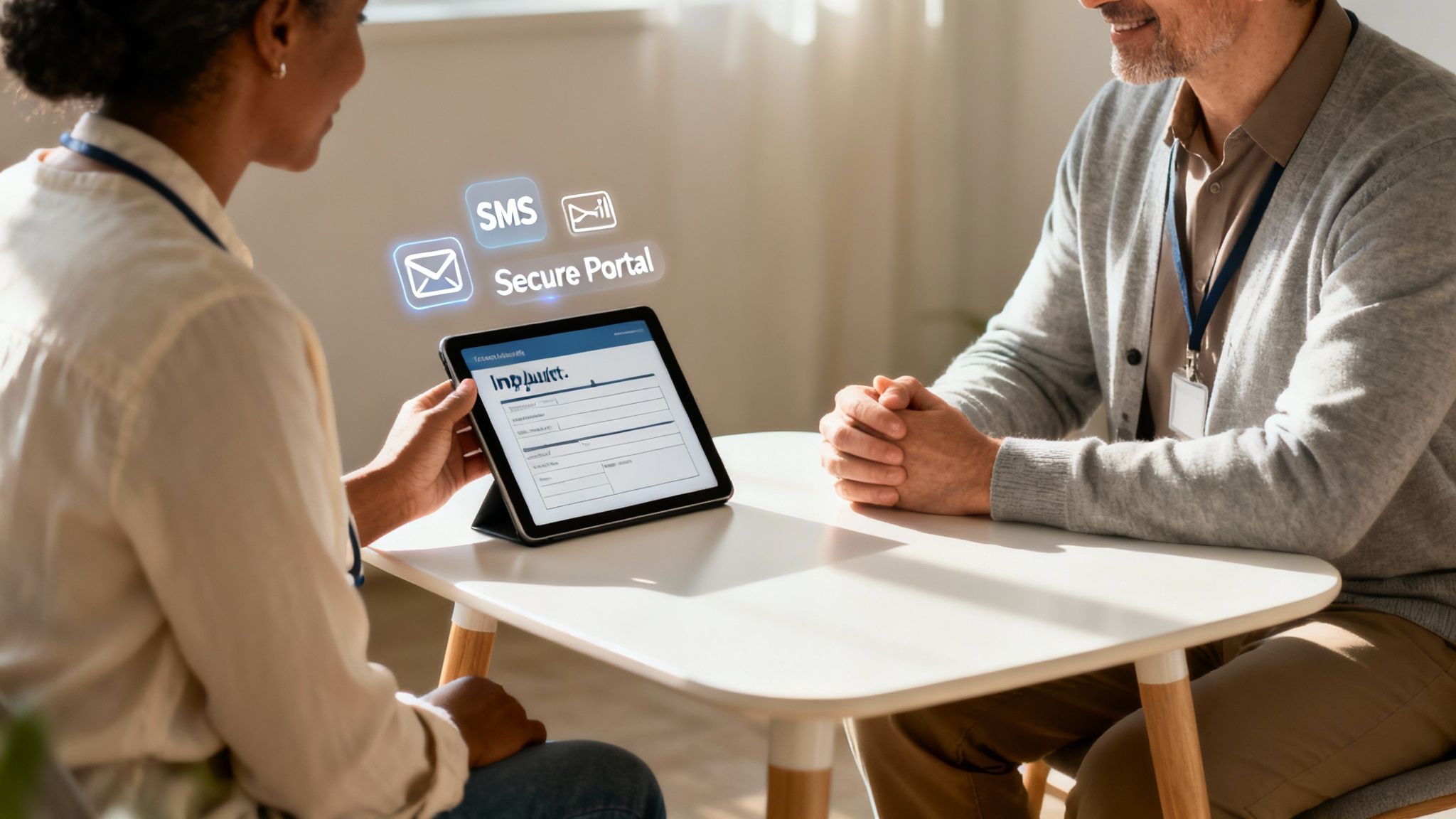 A professional uses a tablet to show digital options like SMS and a secure portal to a client.