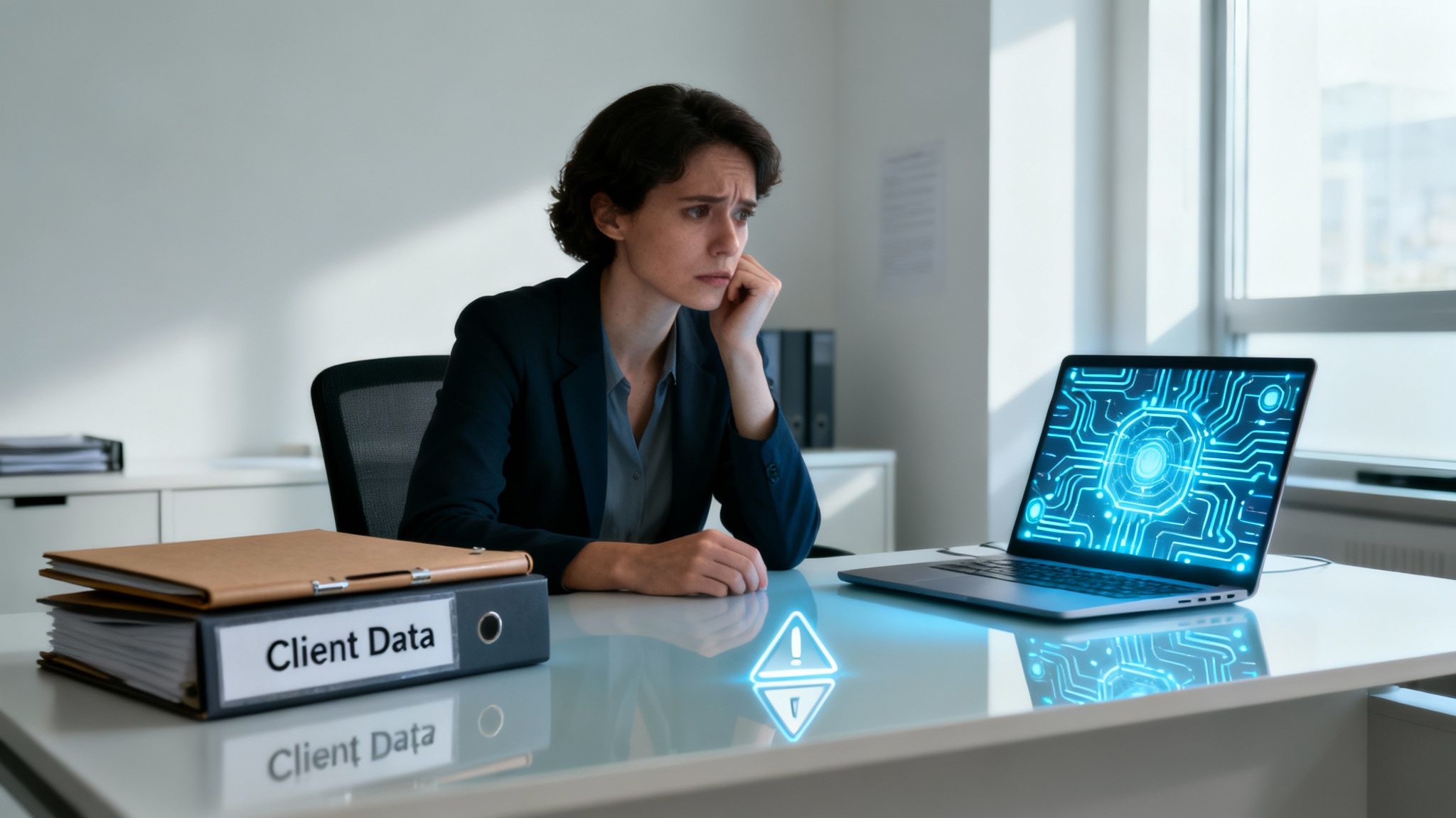 A distressed woman sits at a desk with a laptop showing a circuit board and a warning sign near "Client Data" binders that needs ai guardrails consulting for justice network organizations
