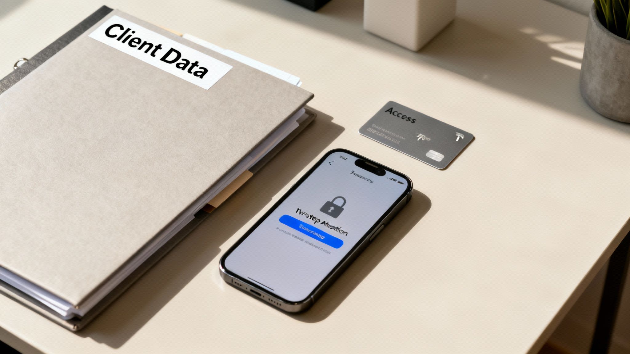 A binder labeled 'Client Data', a smartphone displaying a security screen, and an access card on a desk which is being reviewed during a technical due diligence process.