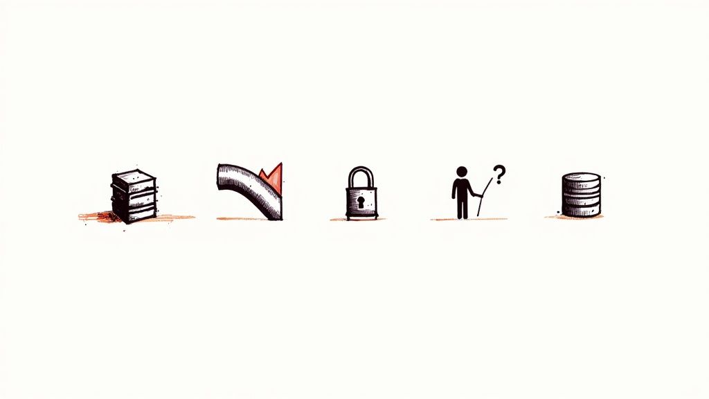 Five hand-drawn icons: stacked books, upward graph, padlock, stick figure with question mark, and stacked disks.