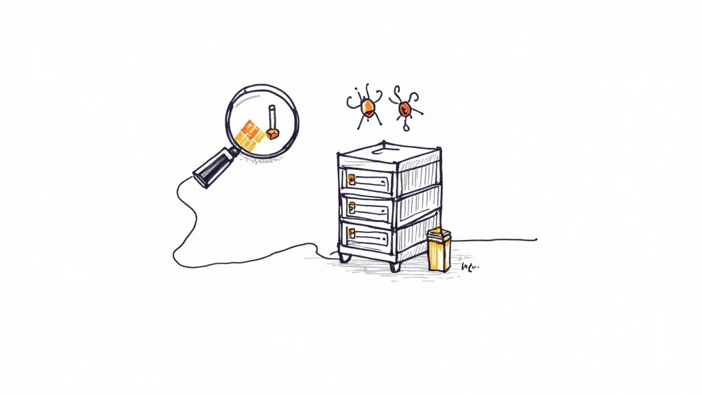 Hand-drawn illustration depicting a magnifying glass examining data blocks and a server with digital threats to explain the IT security assessment checklist