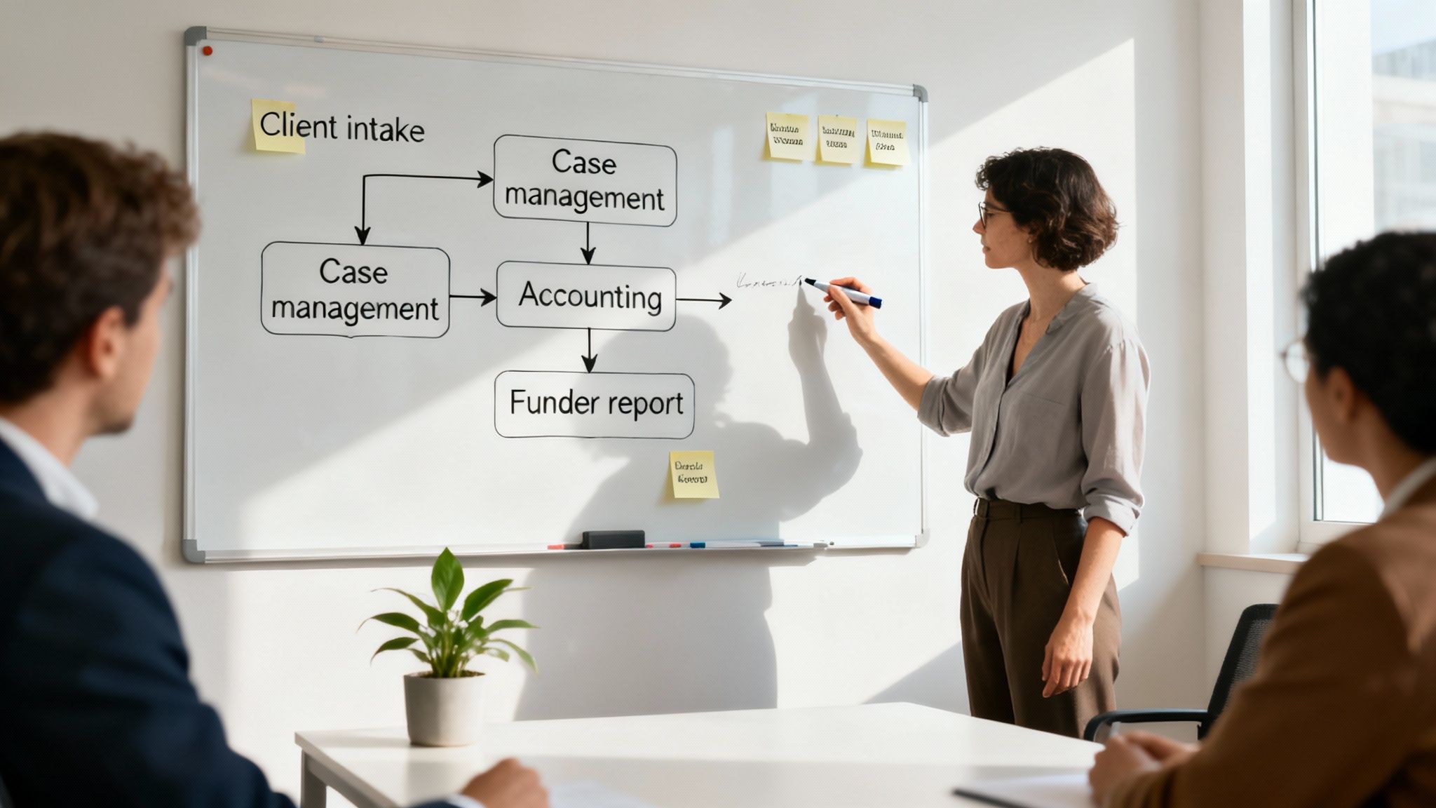 A woman explains a business process flowchart on a whiteboard to two colleagues in a meeting.