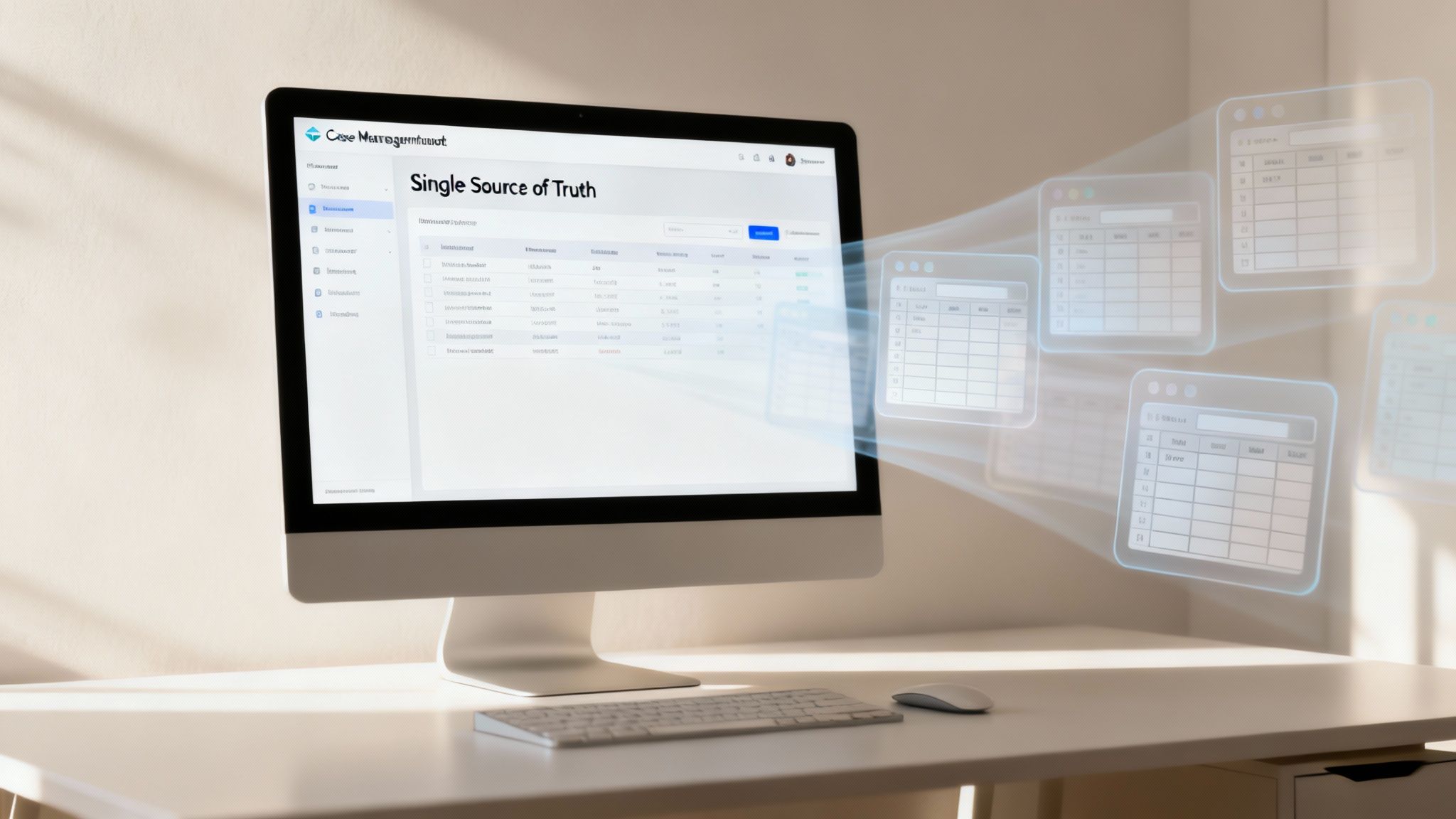 A computer monitor displays a 'Single Source of Truth' application, unifying data from multiple digital spreadsheets.