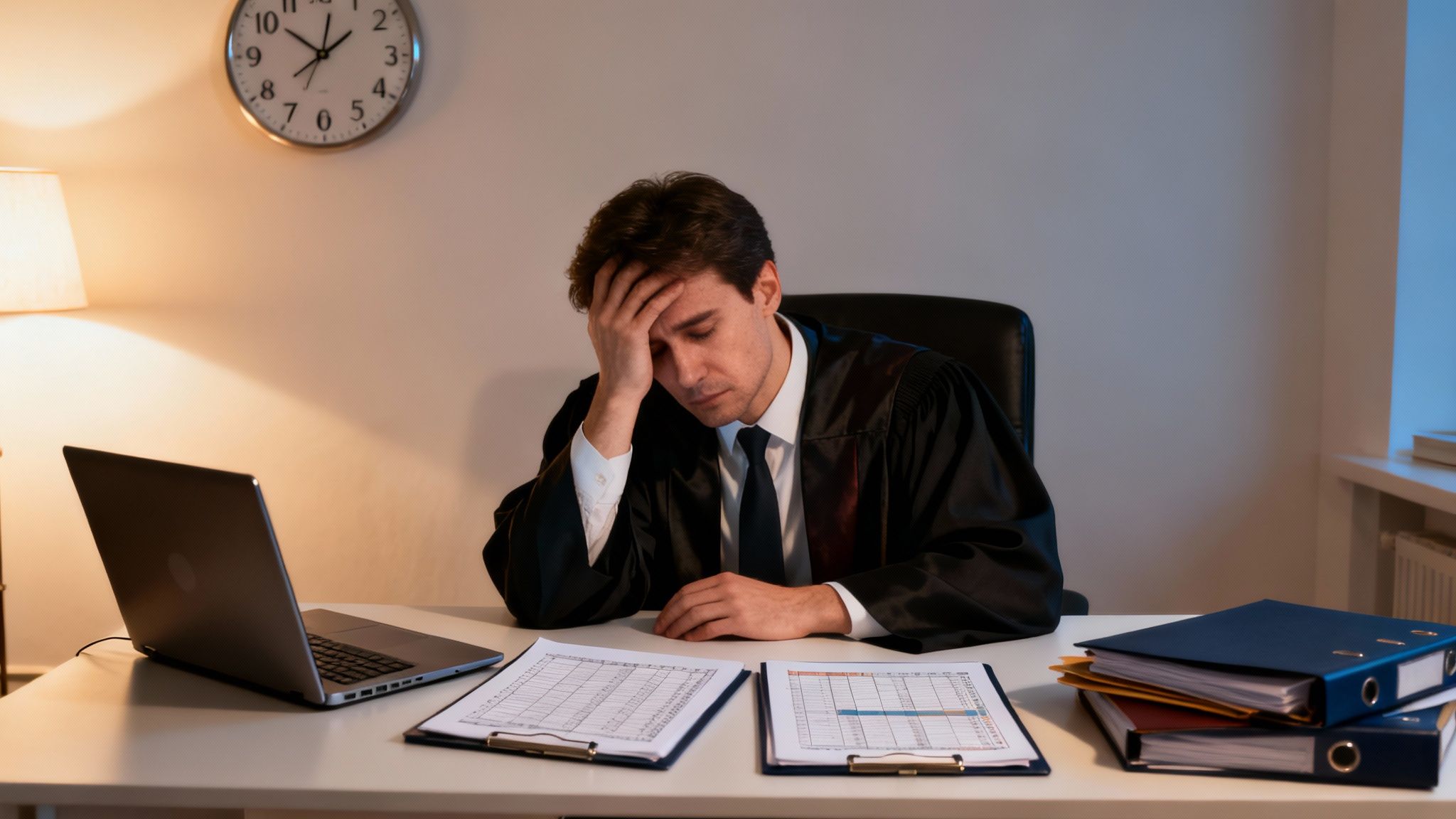 A stressed lawyer in a robe sits at a desk with documents and a laptop, looking overwhelmed.