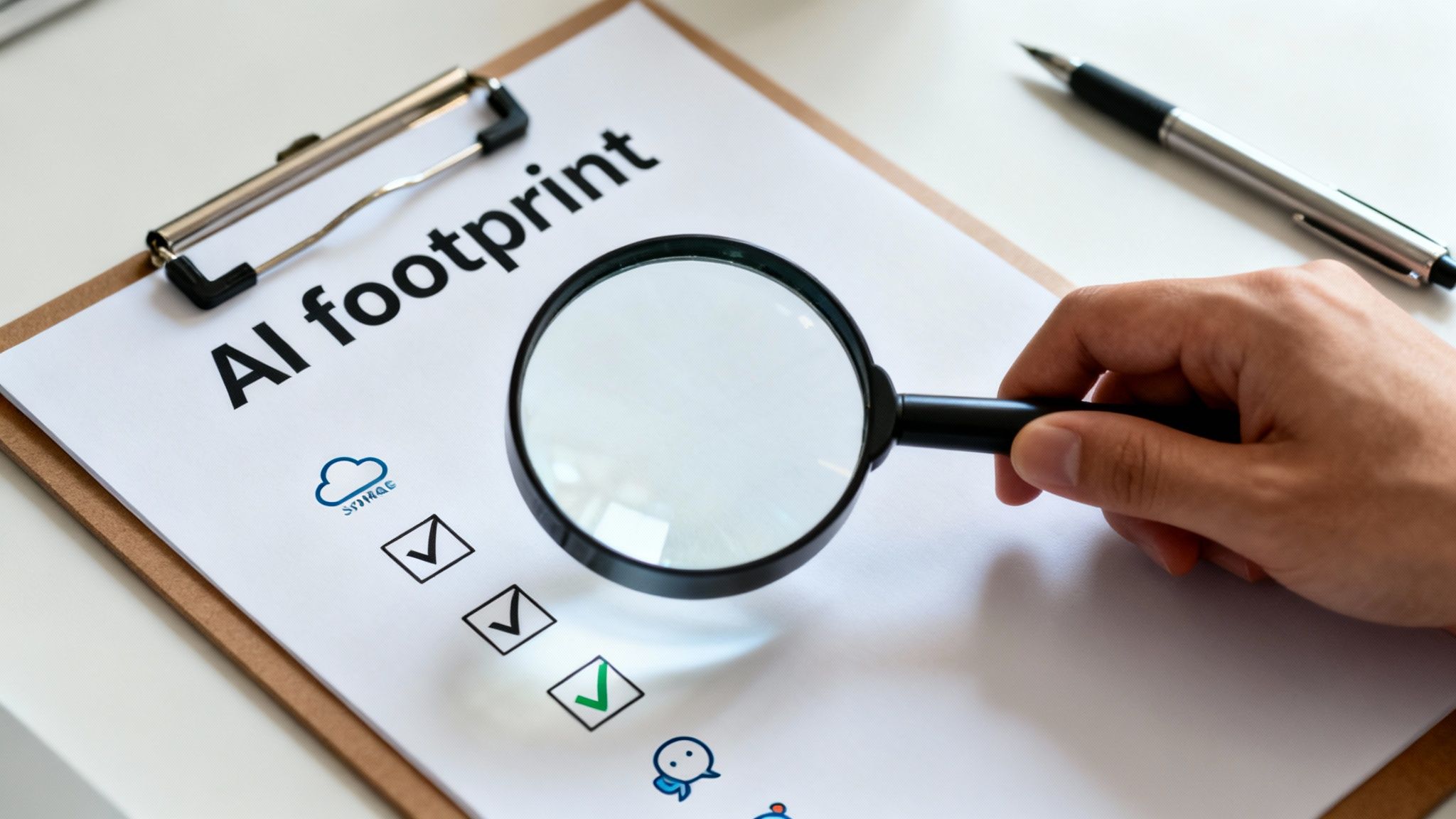 A hand uses a magnifying glass and ai guardrails consulting for justice network organizations to inspect an 'AI footprint' checklist on a clipboard.