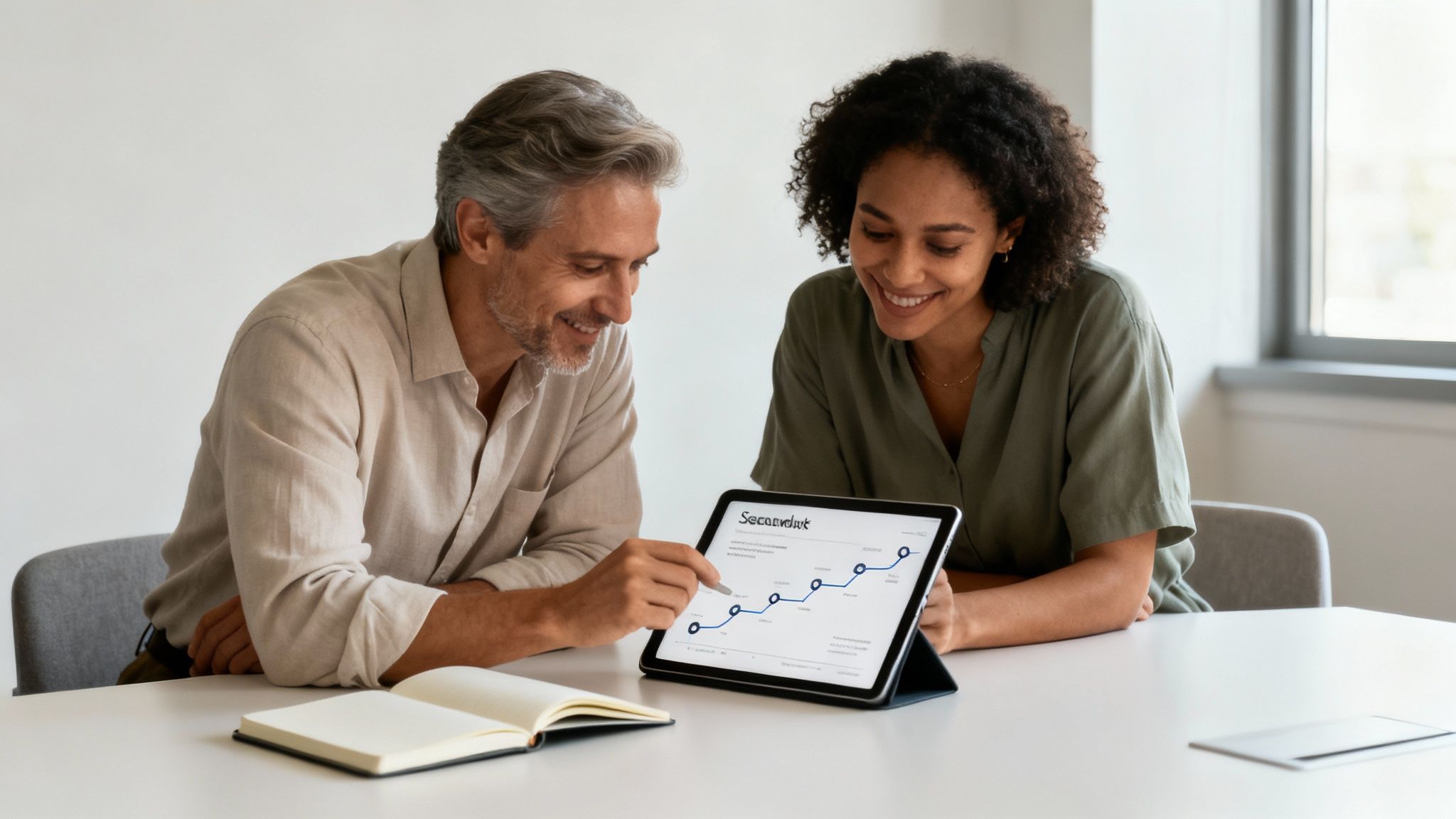Diverse business professionals collaborate, analyzing data on a tablet in a modern office.
