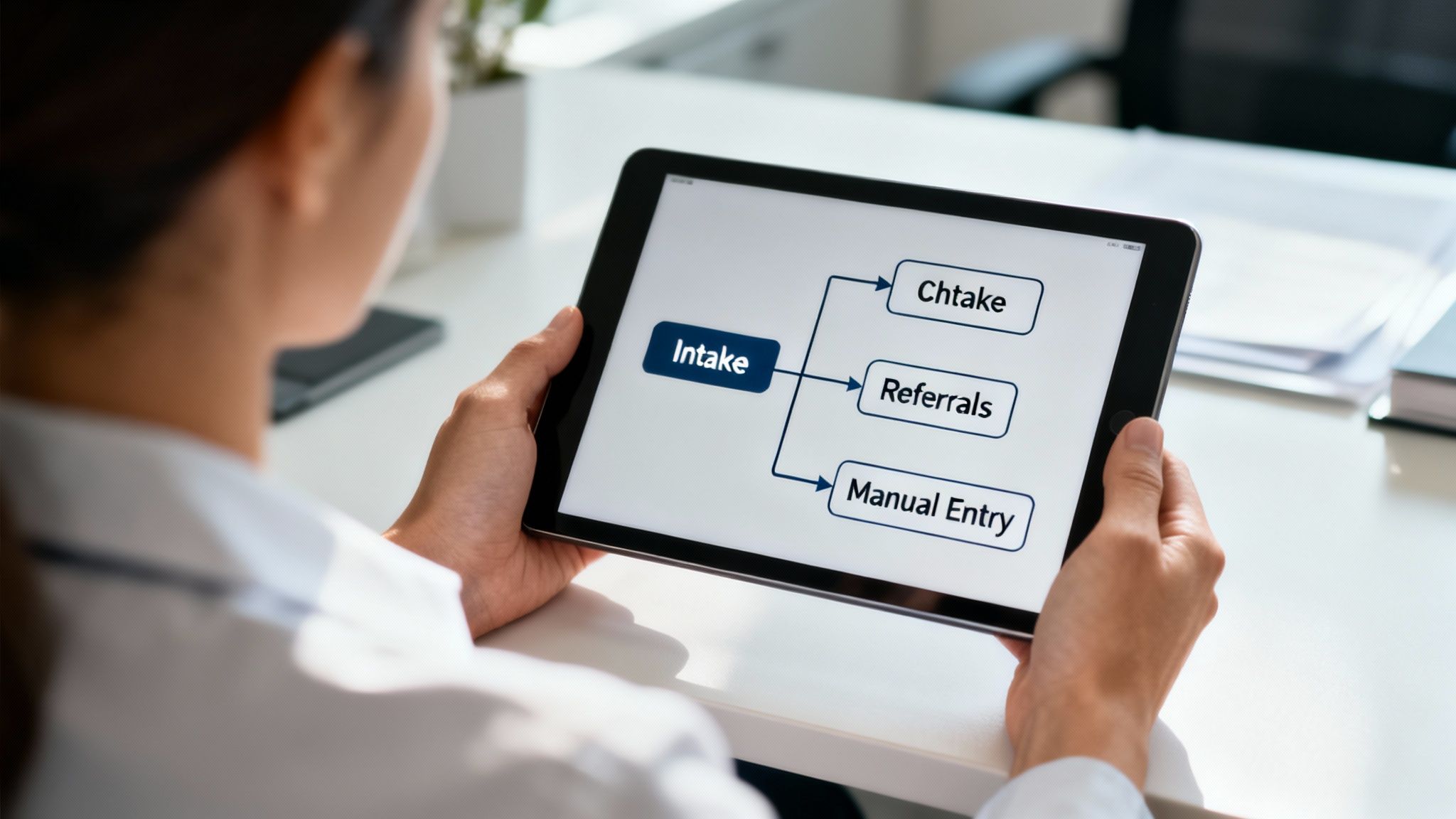 A professional views a digital flowchart on a tablet showing intake methods like referrals and manual entry.