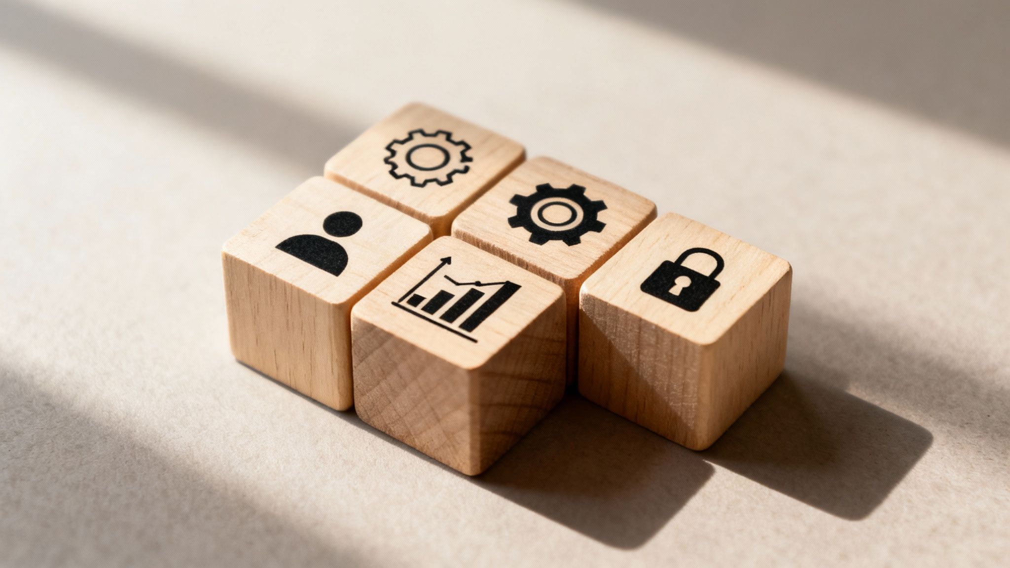 Six wooden blocks with five visible icons: user, two gears, bar chart, and padlock.