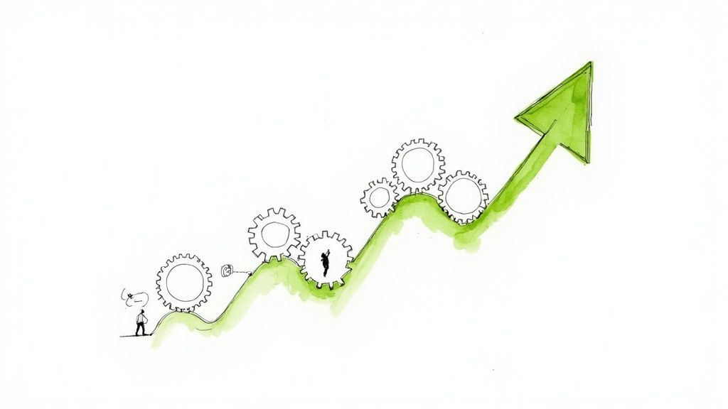 A hand-drawn illustration depicting a green upward graph with gears and figures, symbolizing business growth and progress.