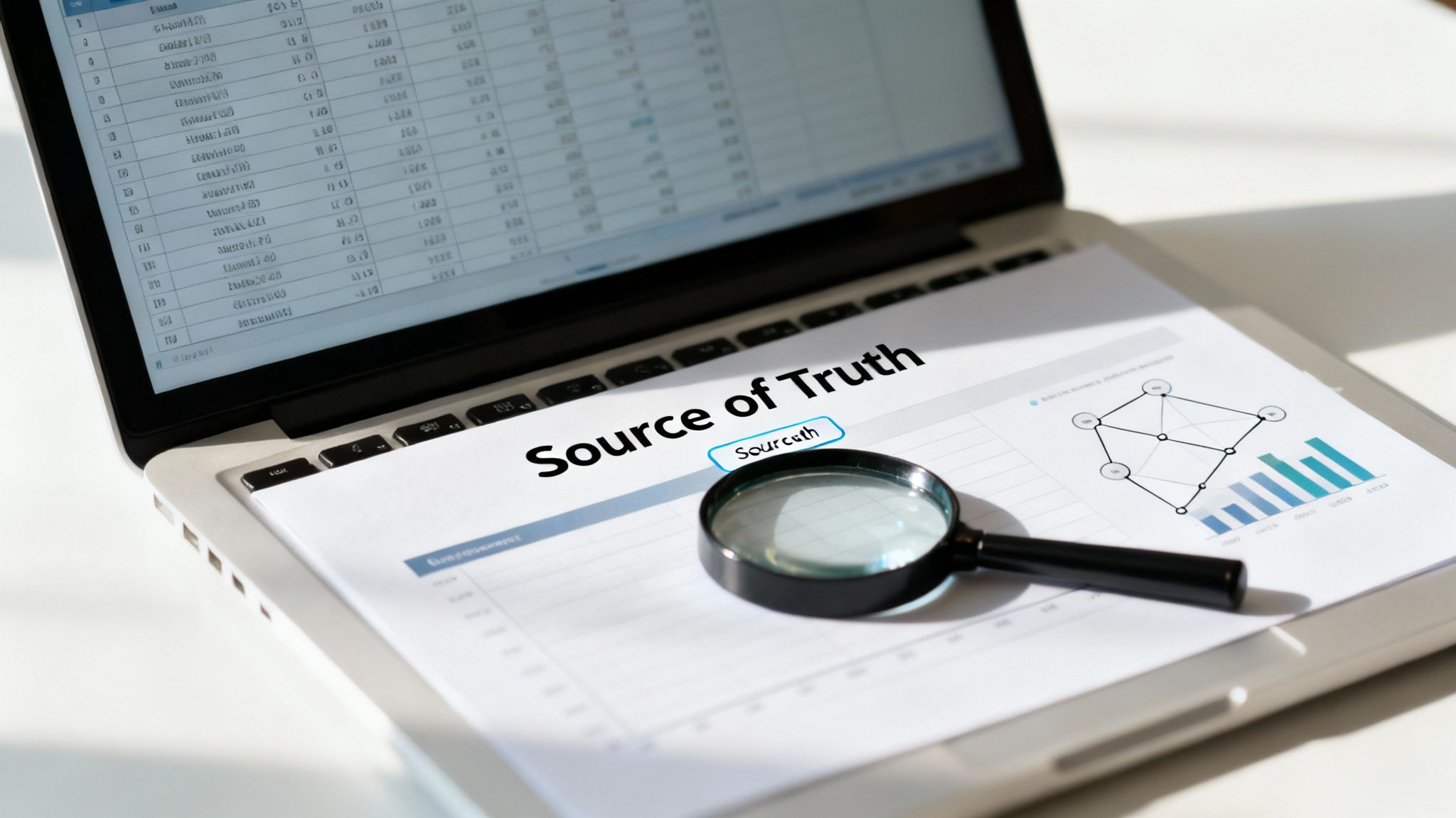 Laptop with a document titled 'Source of Truth' and charts, alongside a magnifying glass which is part of the technical due diligence process.