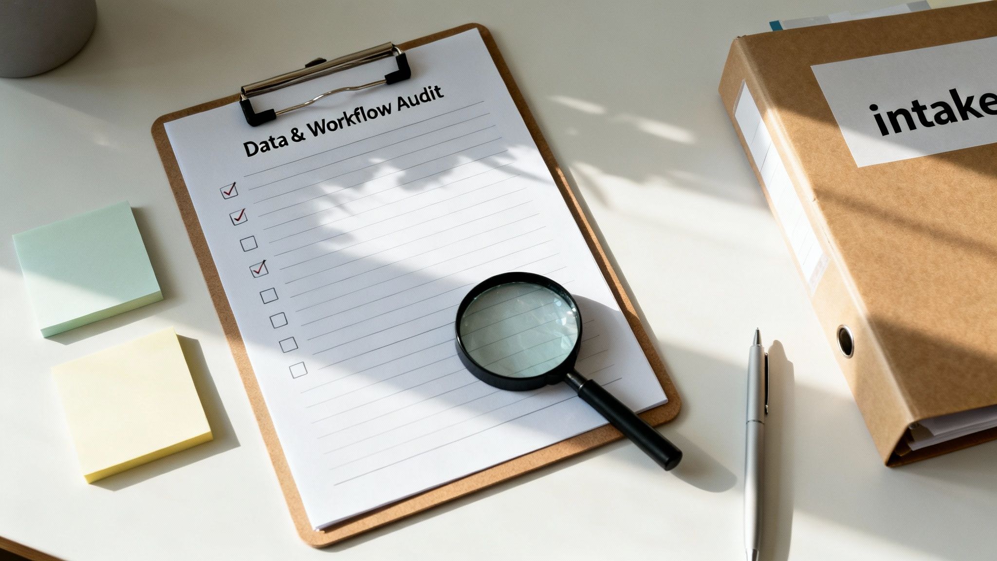 A desk with a clipboard titled 'Data & Workflow Audit', magnifying glass, sticky notes, and 'intake' binder.