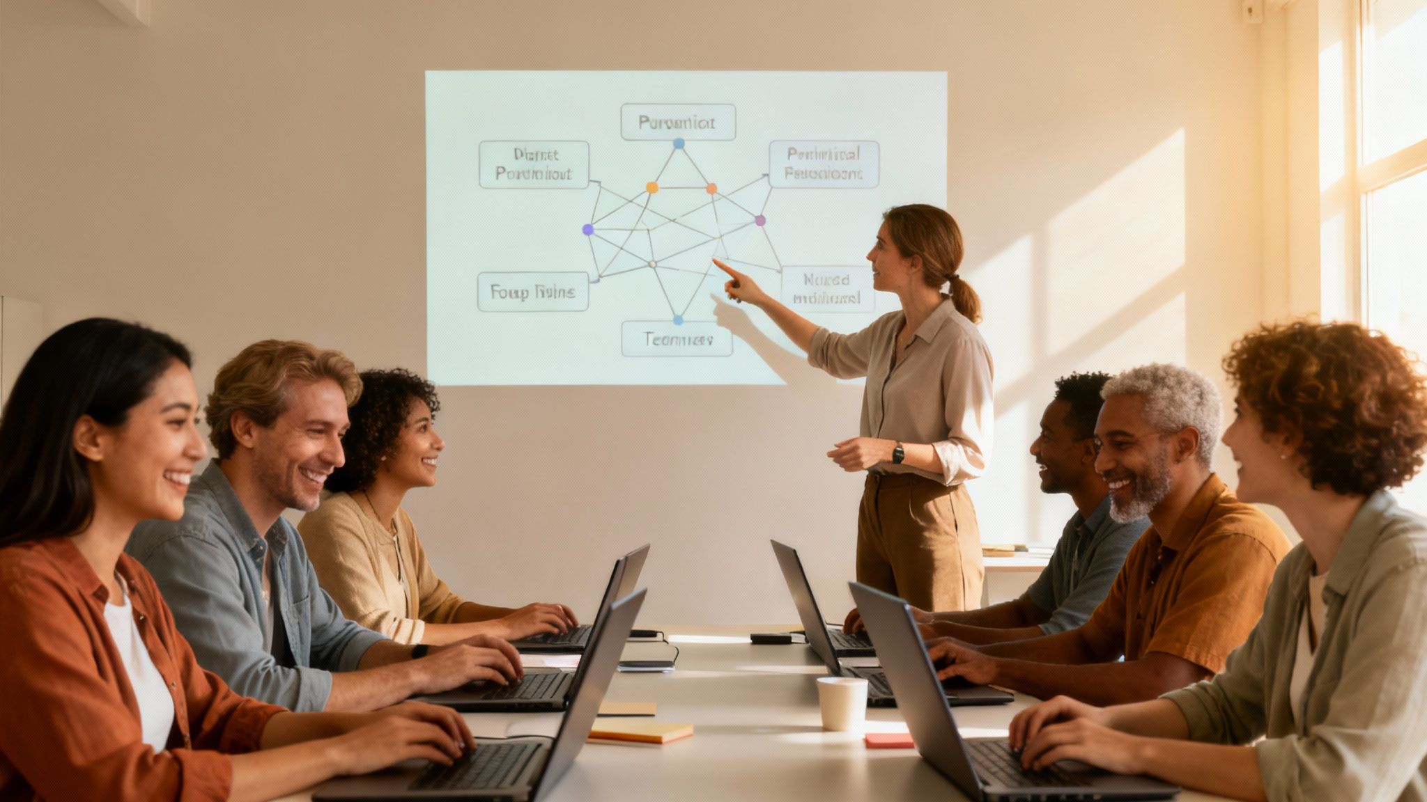 Diverse professionals smile while a woman presents a diagram on a projector screen during a meeting.