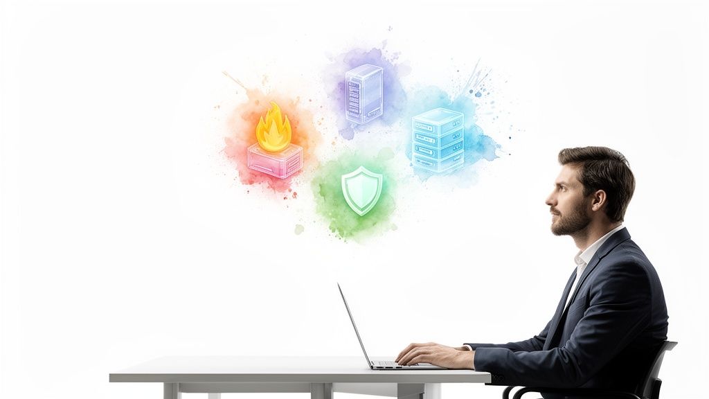 Man using laptop with digital security, firewall, and server icons in colorful thought bubbles.