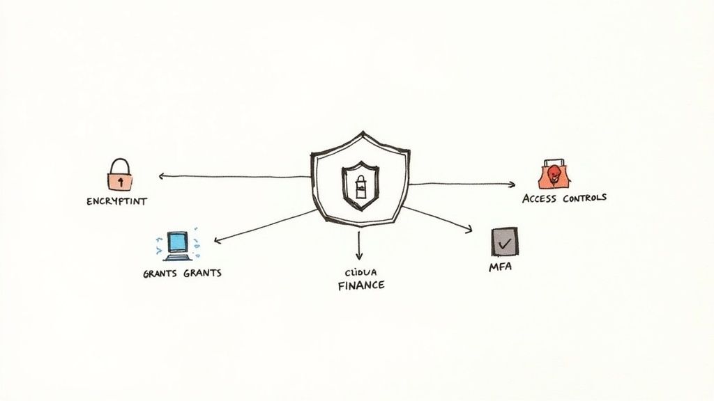 Diagram showing a central security shield connected to encryption, access controls, MFA, grants, and finance.
