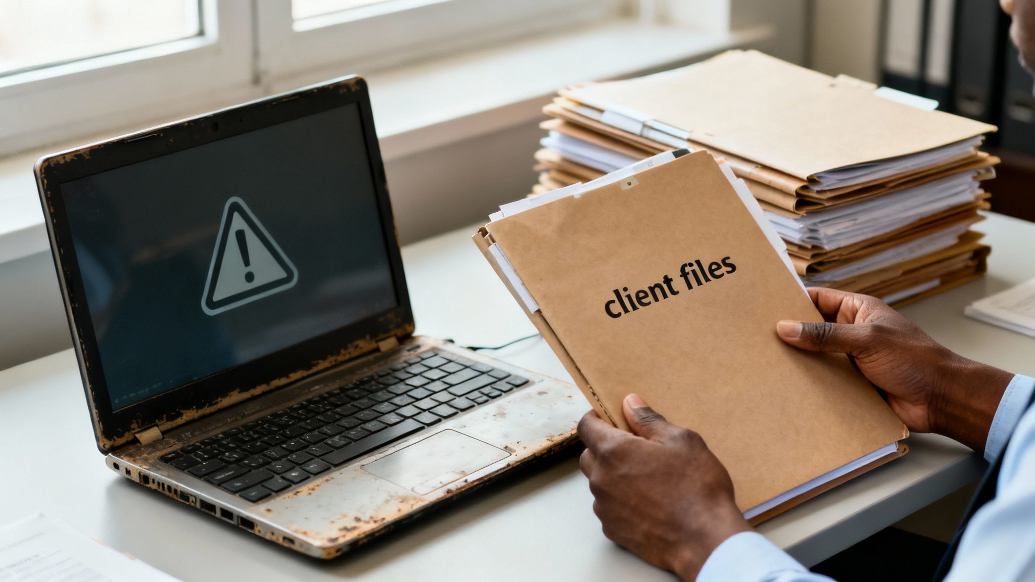 Hands holding 'client files' folder next to an old laptop displaying a warning sign.