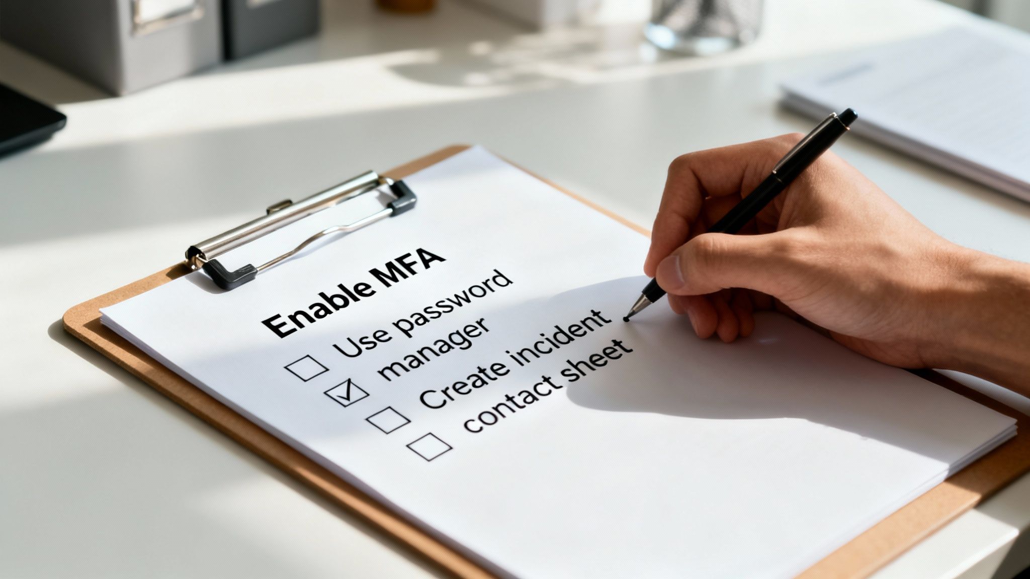 Close-up of a person thinking about data security strategy for court self help organizations that is hand checking a data security checklist item 'Use password manager' on a clipboard.