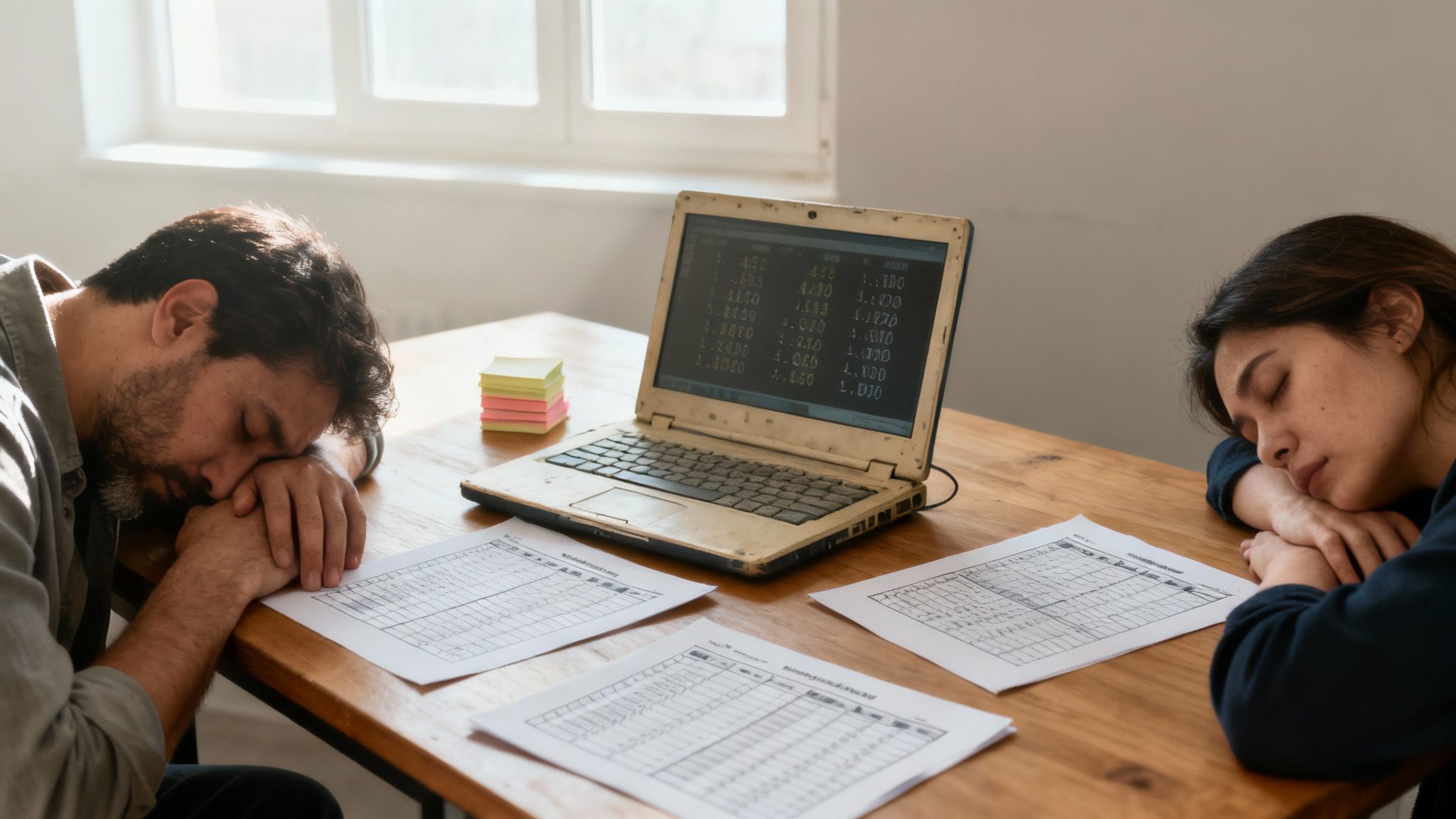 Two exhausted people sleeping at a desk with a laptop and papers, overwhelmed by work.