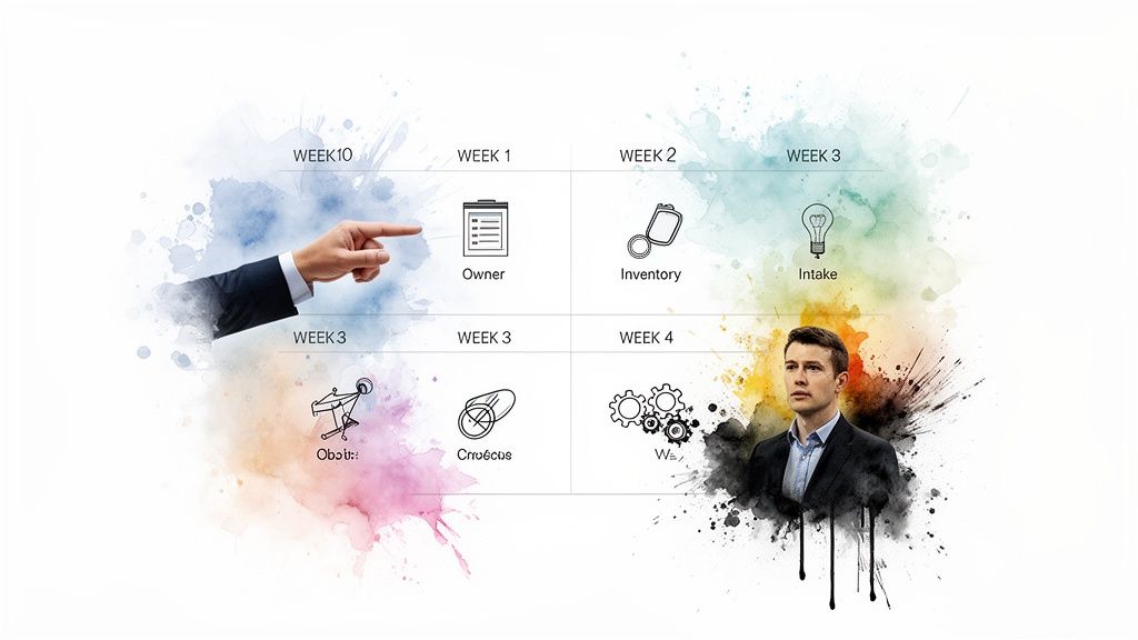 Illustrated business workflow diagram depicting weekly steps, various icons, and a man's portrait.