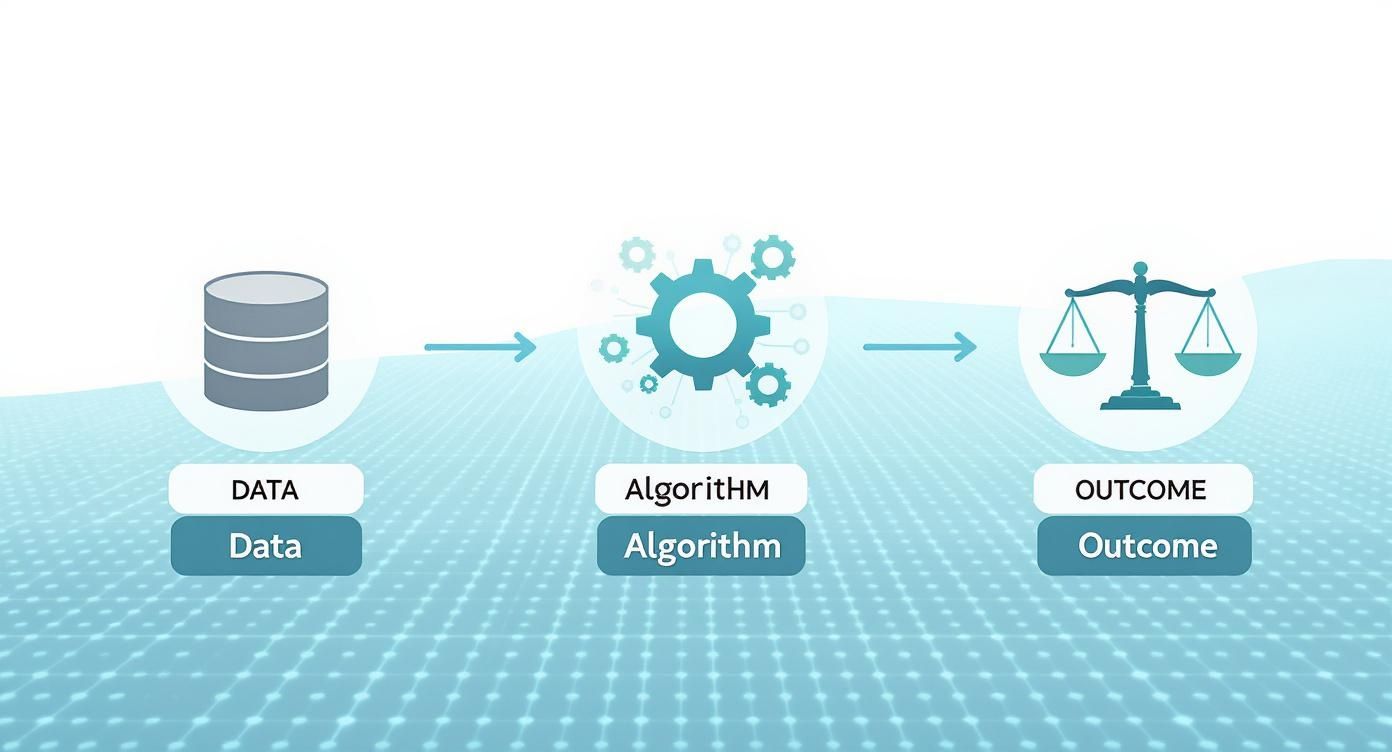 An illustration depicting data flowing into an algorithm, leading to an outcome, represented by respective icons.