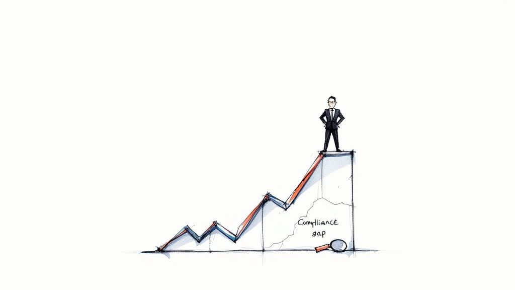 A man stands atop a rising business graph, revealing a 'Compliance gap' with a magnifying glass nearby.