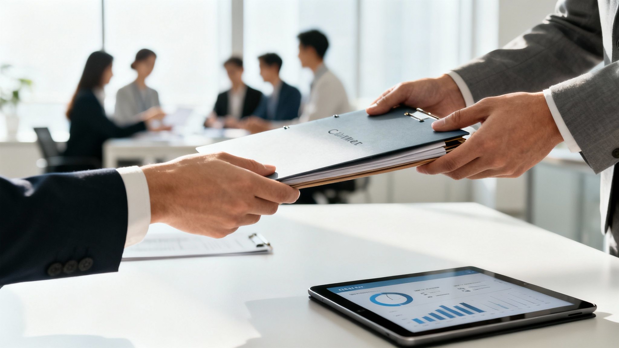 Hands of two professionals exchanging a "Contract" folder in a modern office.