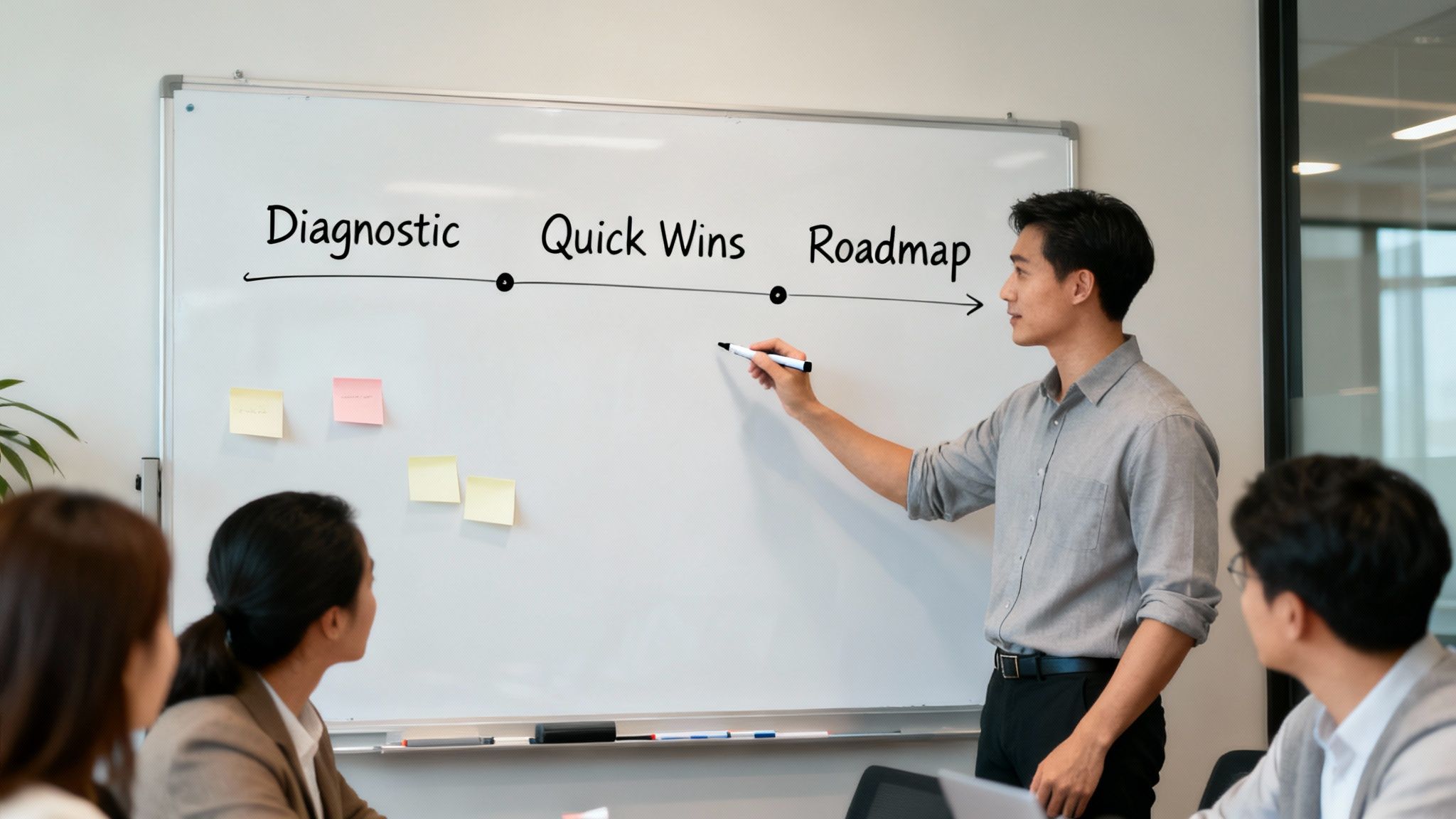 A man presents a "Diagnostic, Quick Wins, Roadmap" strategy on a whiteboard to a diverse team.
