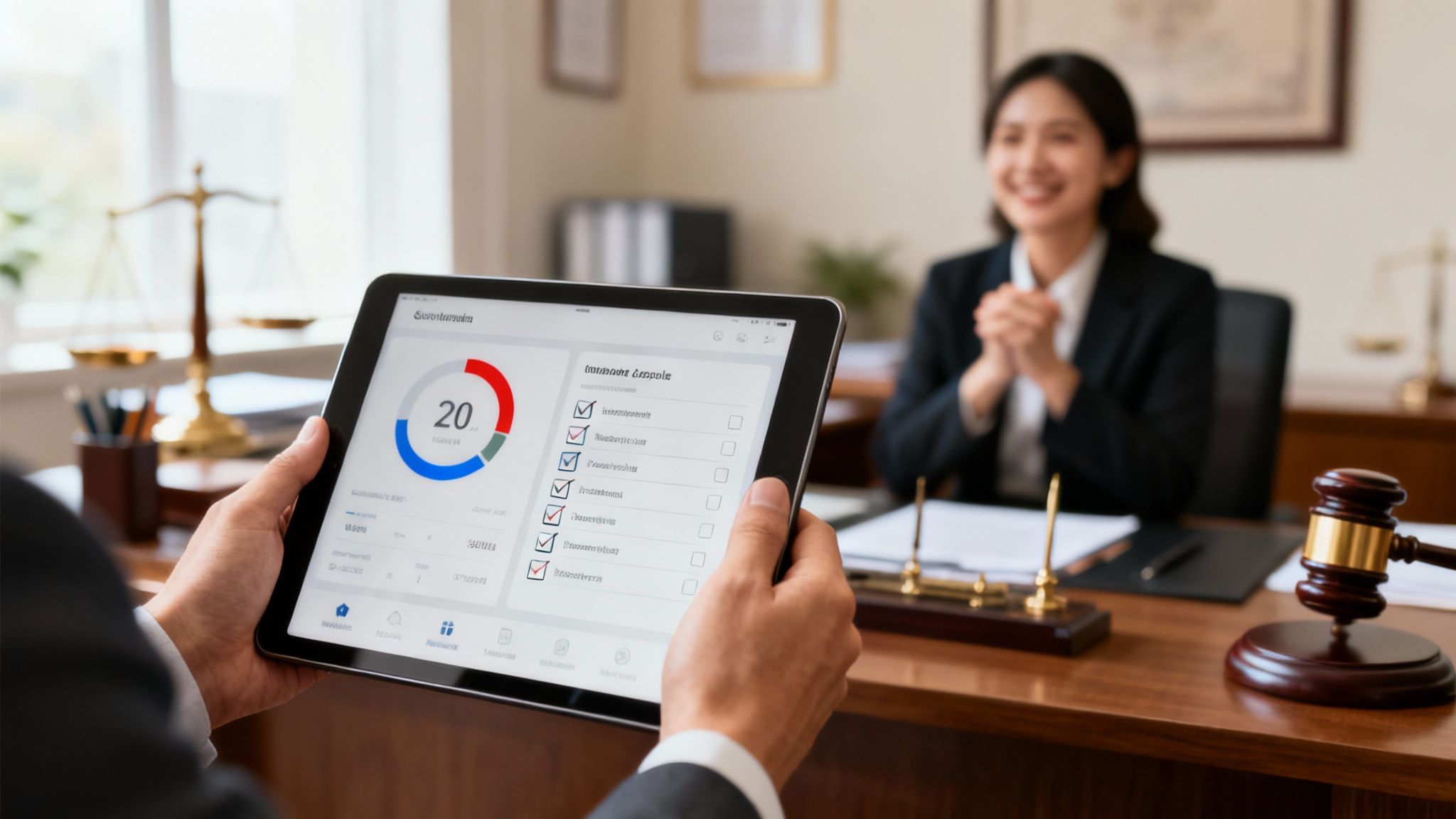 A legal professional holds a tablet showing a dashboard with case progress to a smiling client.