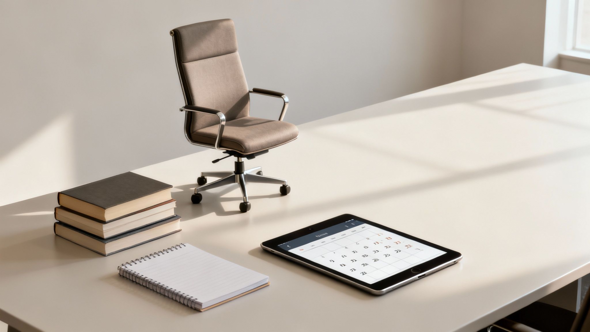 A minimalist office with a desk, office chair, books, a notebook, and a tablet displaying a calendar.