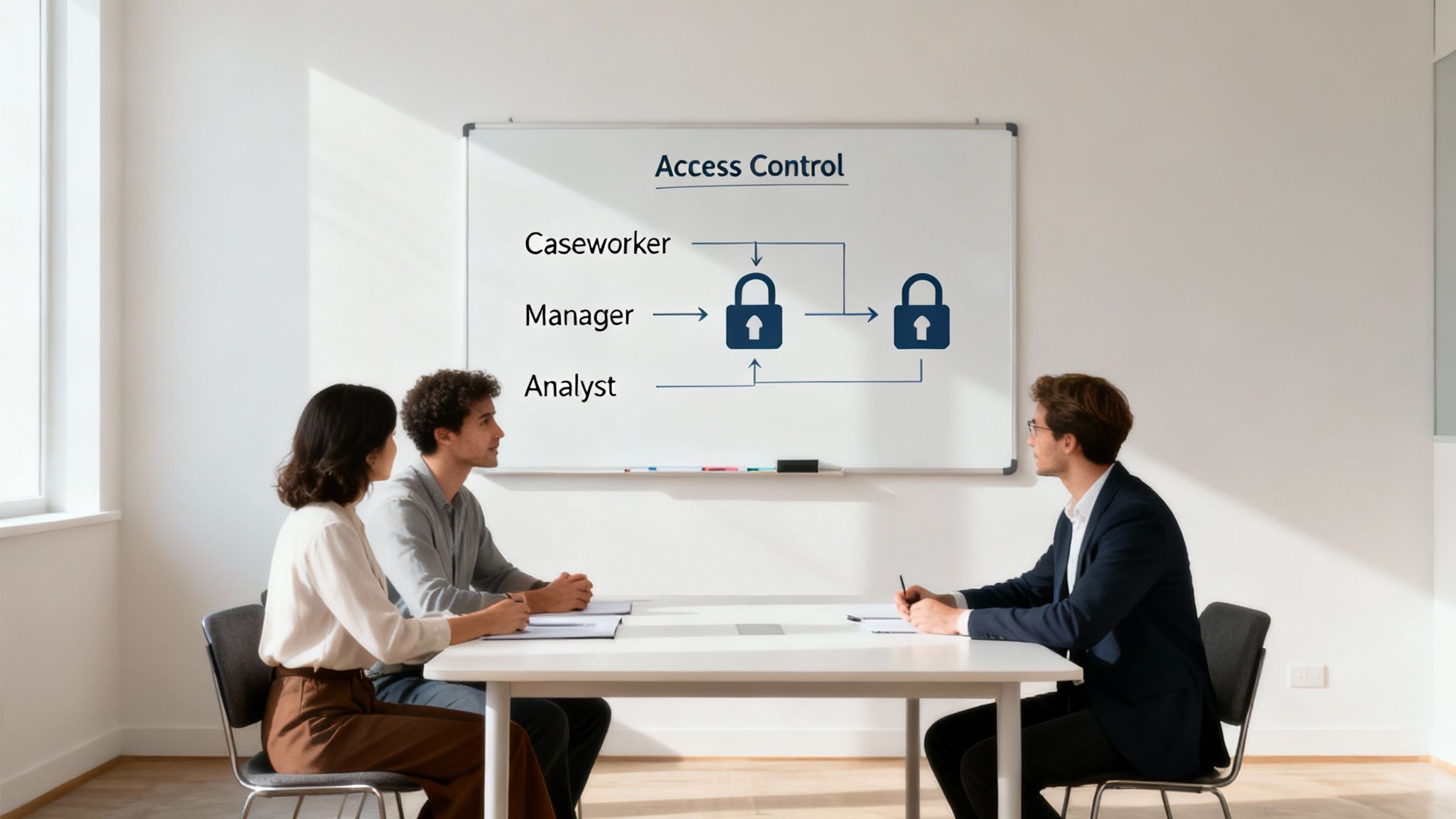 Three professionals discuss an access control diagram on a whiteboard in a bright meeting room.