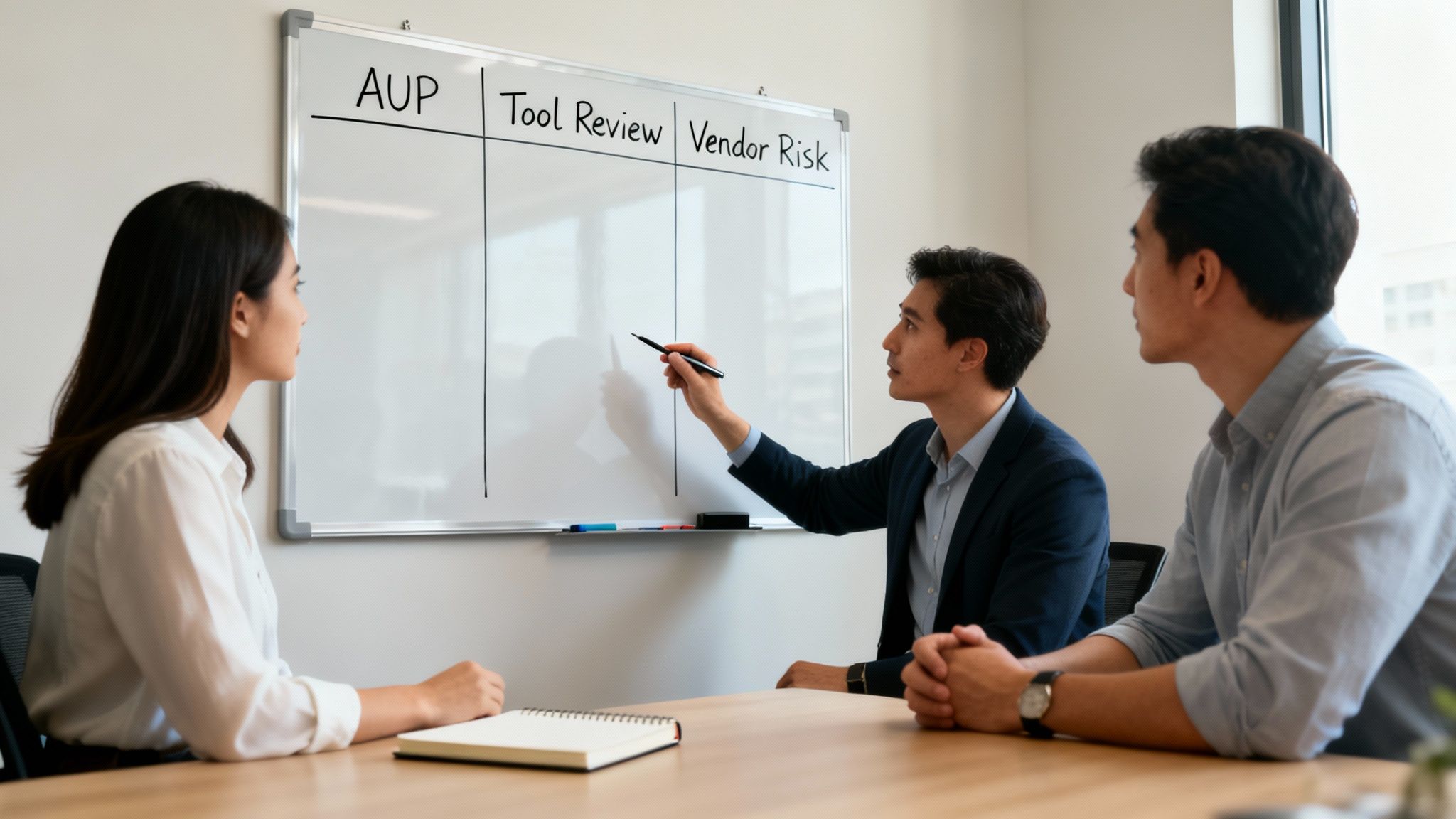 Three professionals discussing AUP, Tool Review, and Vendor Risk on a whiteboard during a meeting.