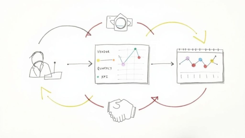 A diagram illustrating a vendor management process, including communication, performance tracking, and partnership.
