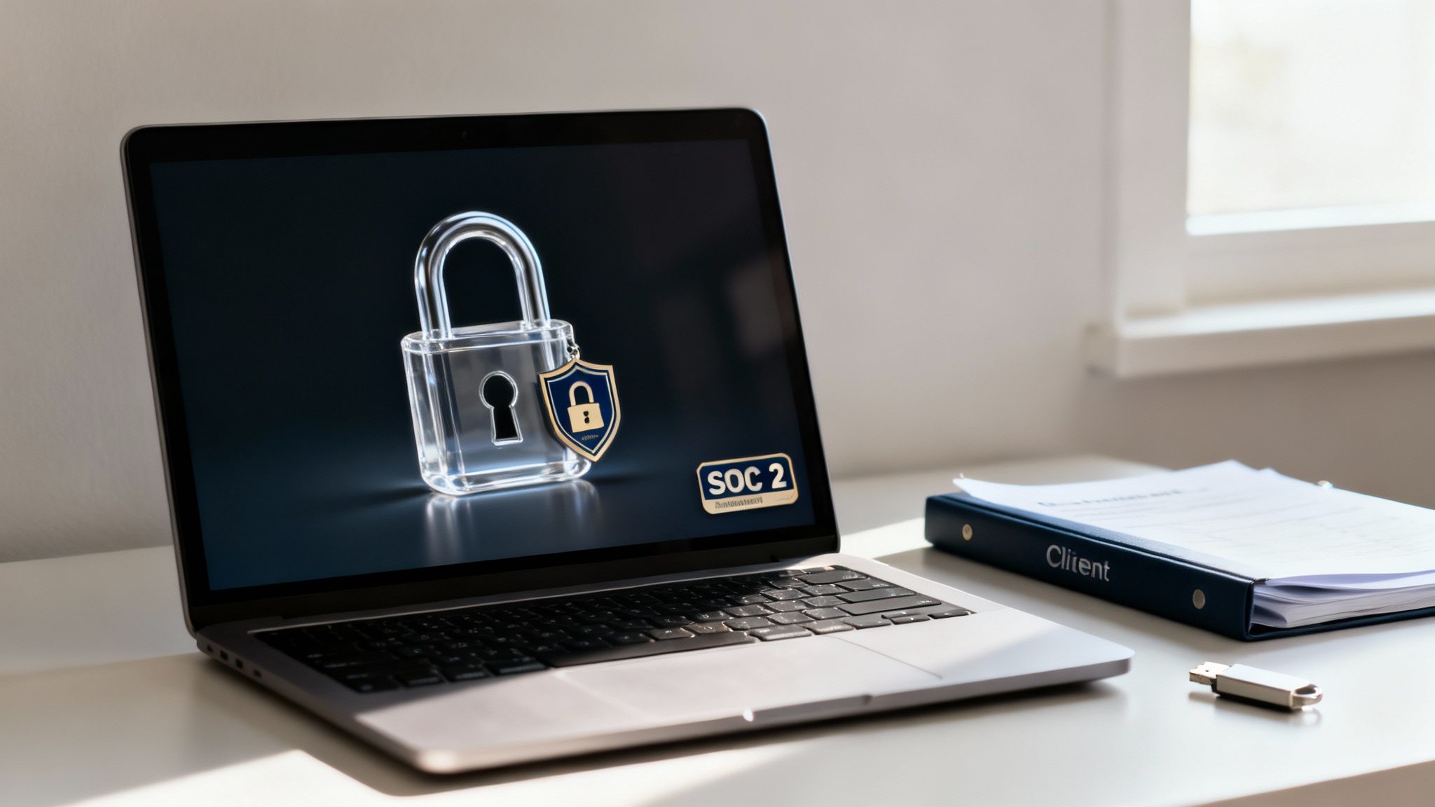 A laptop displaying a secure lock and SOC 2 compliance logo on a desk with a "Client" binder.
