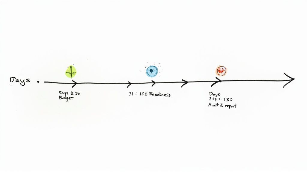 A handwritten timeline showing three phases: scoping and budget, readiness, and audit and report, spanning multiple days.